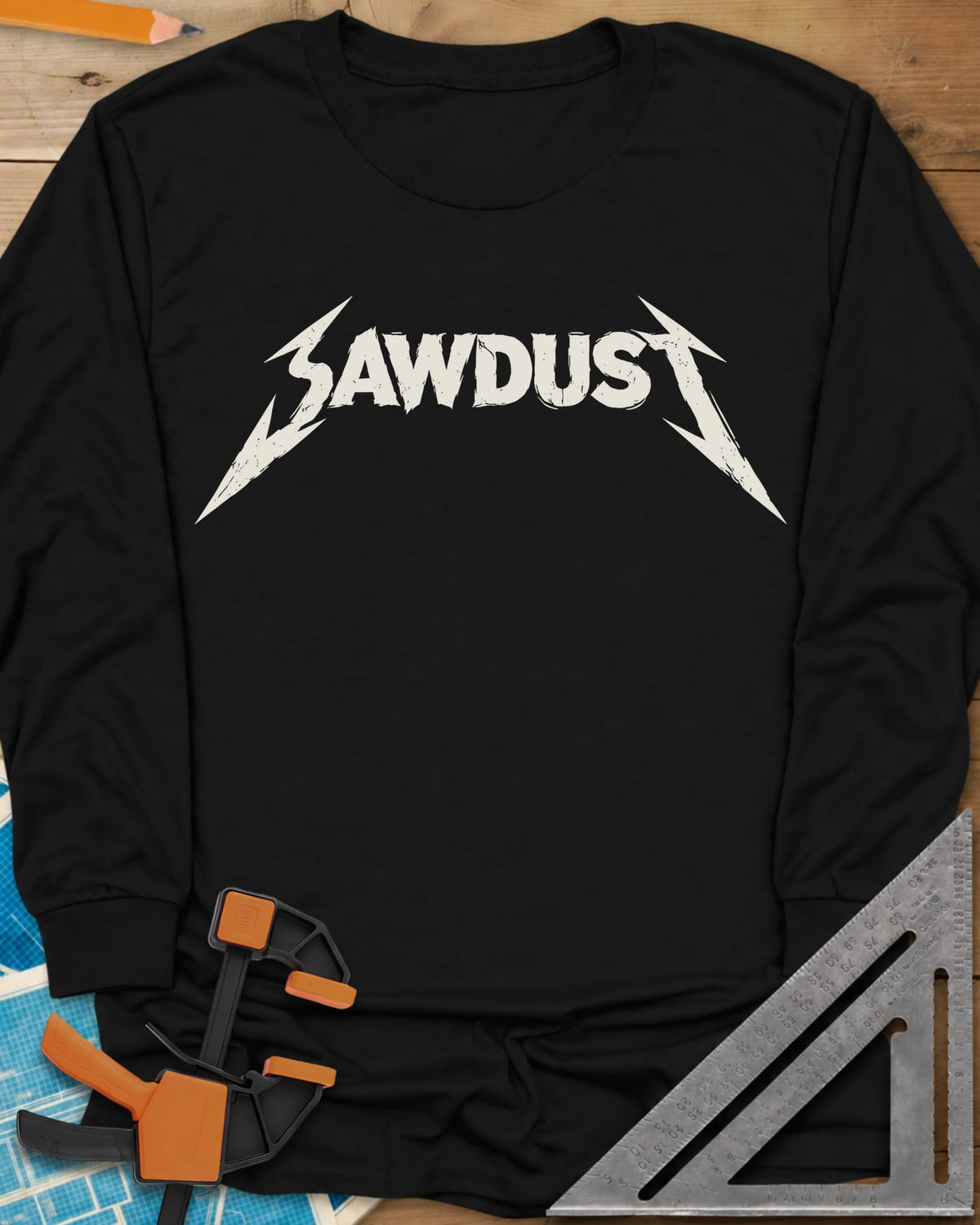Sawdust Metal Logo long sleeve shirt in Black, jagged band-style SAWDUST lettering with lightning-bolt tips