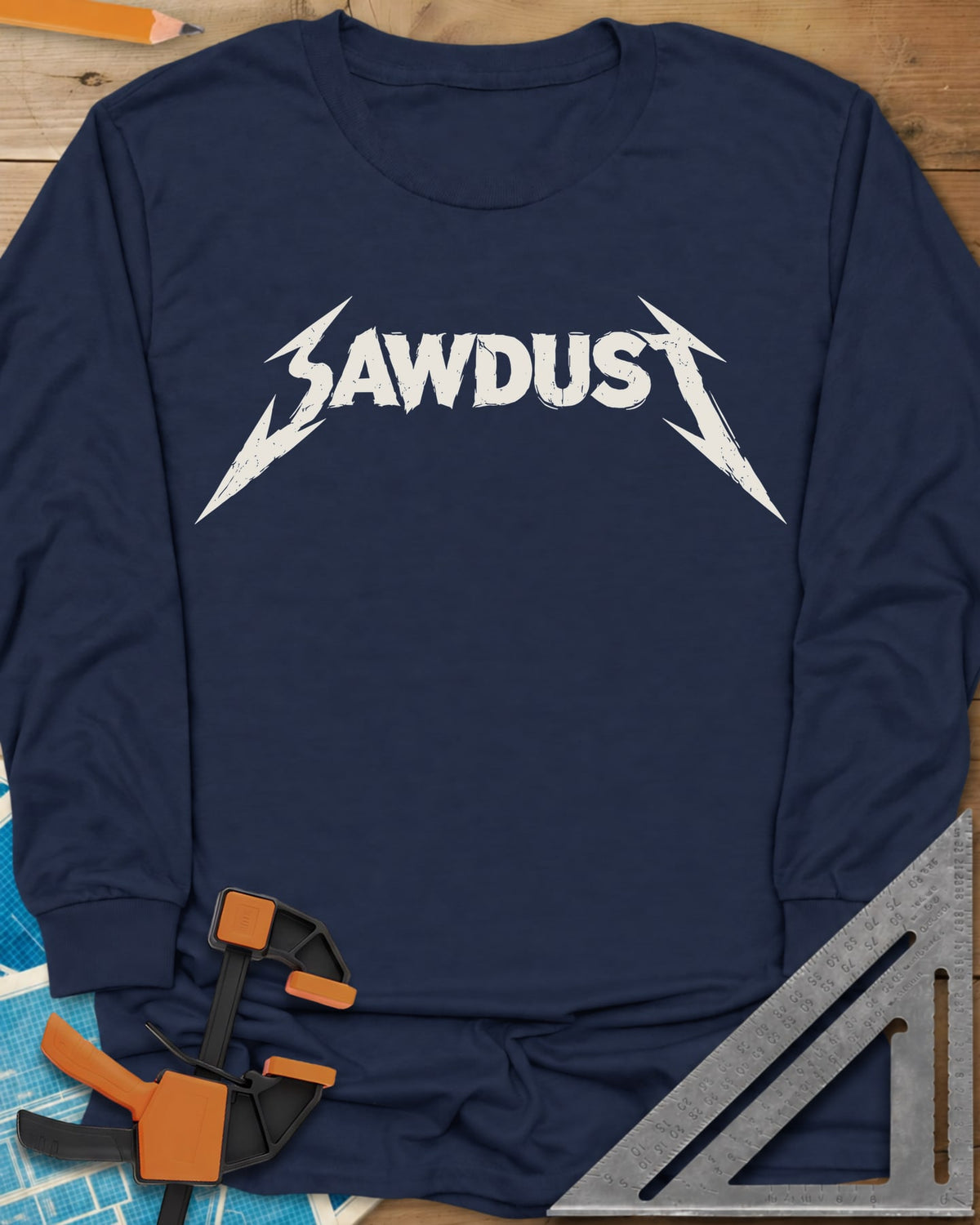 Sawdust Metal Logo long sleeve shirt in Navy, jagged band-style SAWDUST lettering with lightning-bolt tips