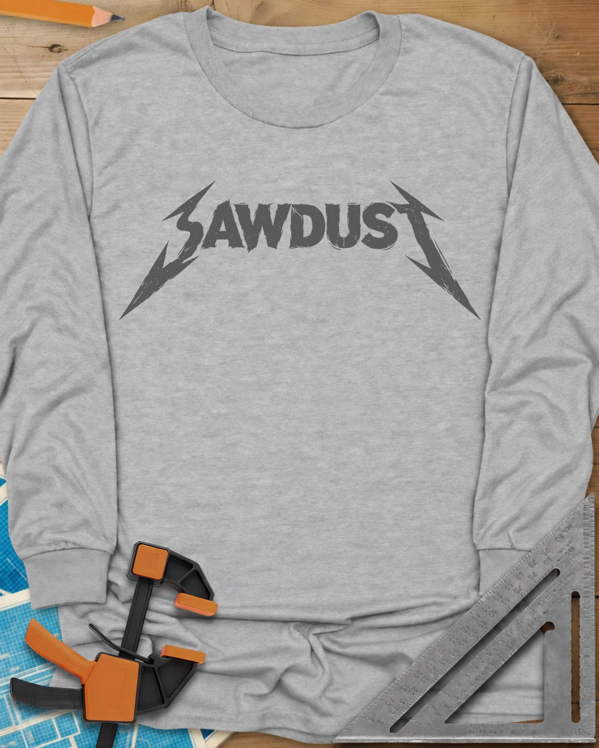 Sawdust Metal Logo long sleeve shirt in Sport Grey, jagged band-style SAWDUST lettering with lightning-bolt tips