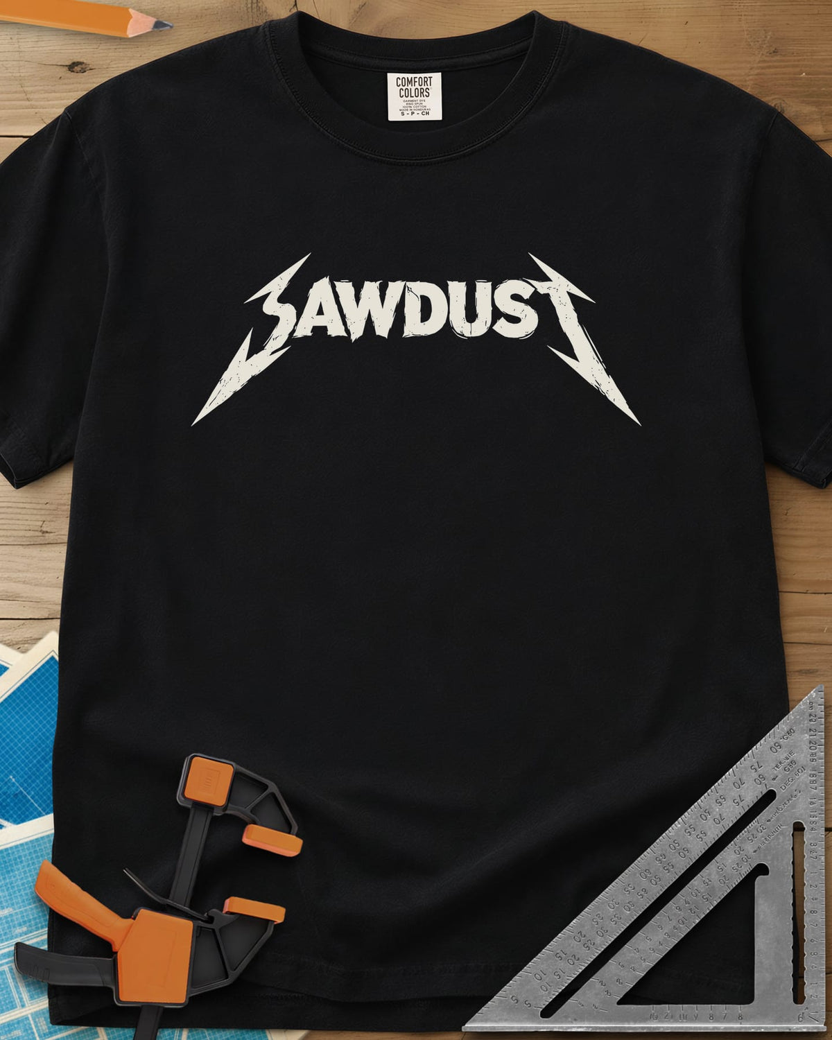 Sawdust Metal Logo heavyweight tee in Black, jagged band-style SAWDUST lettering with lightning-bolt tips
