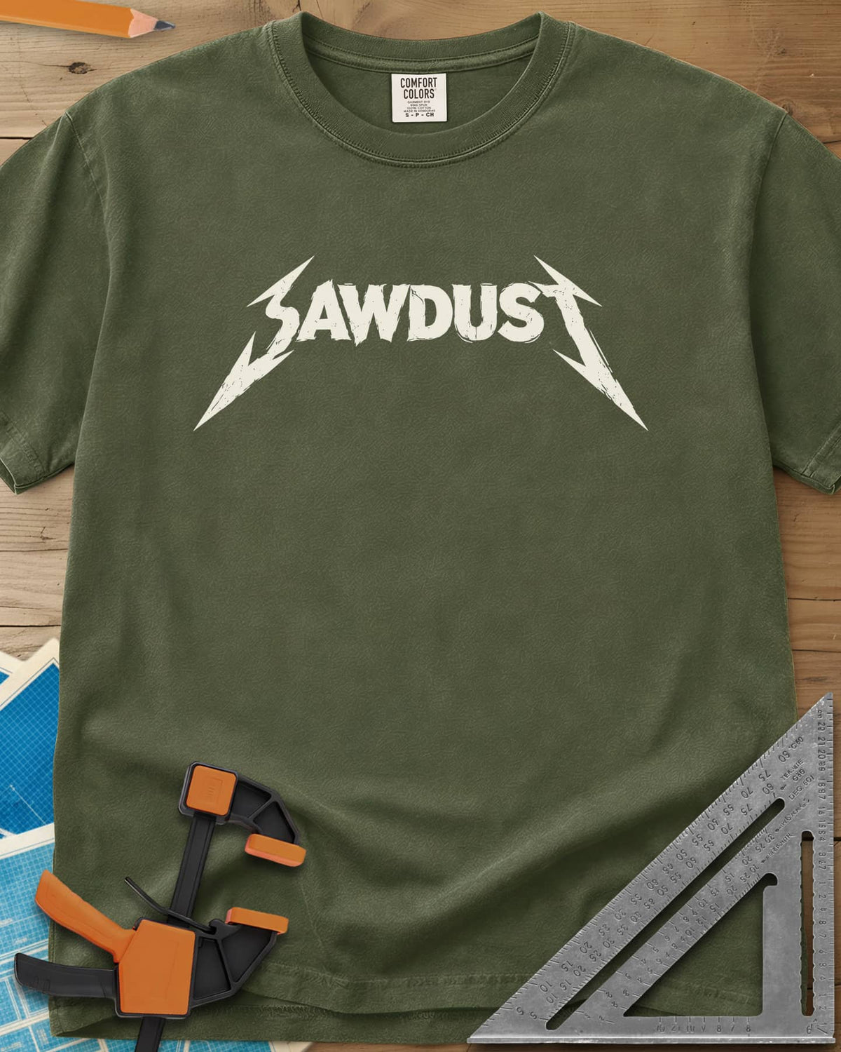 Sawdust Metal Logo heavyweight tee in Hemp, jagged band-style SAWDUST lettering with lightning-bolt tips