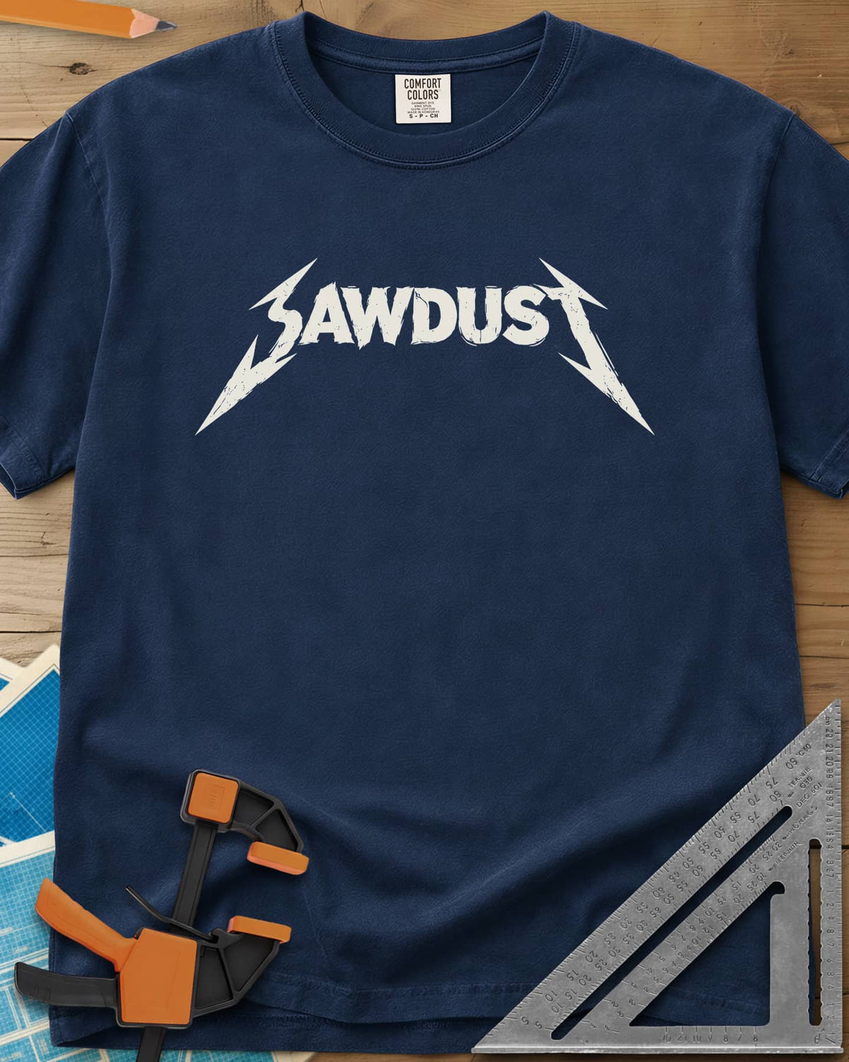 Sawdust Metal Logo heavyweight tee in Navy, jagged band-style SAWDUST lettering with lightning-bolt tips