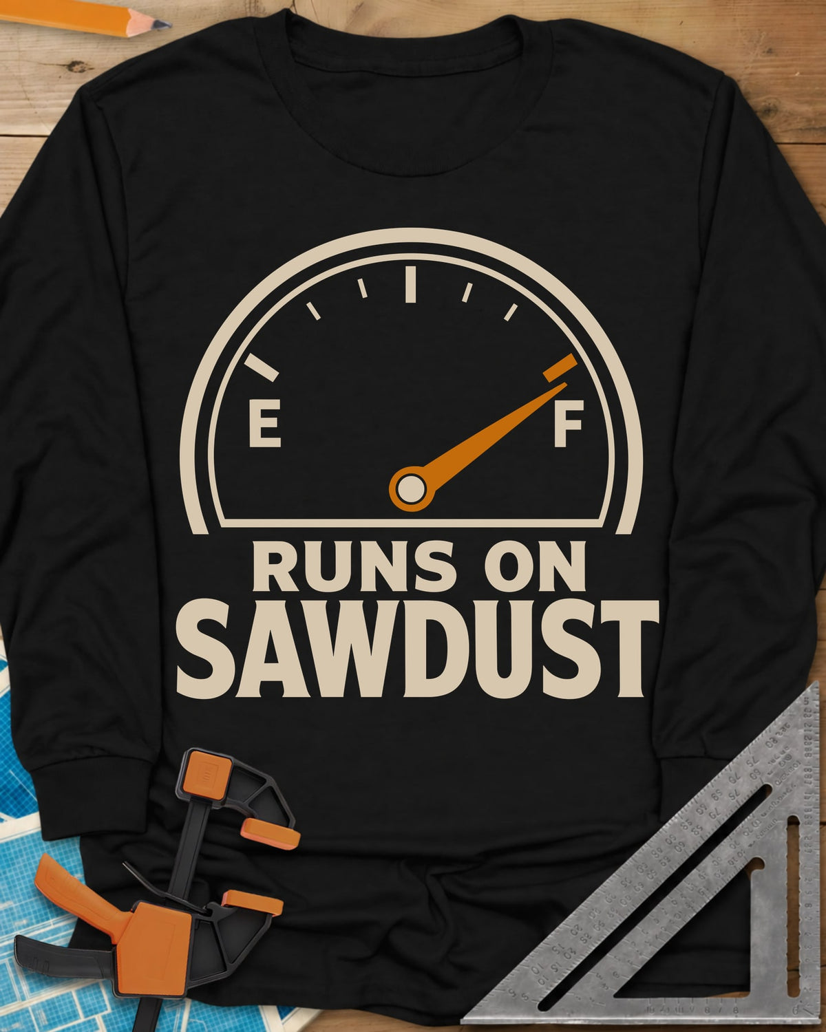 Sawdust Power long sleeve shirt in Black, a half-round fuel gauge with the needle swung toward F