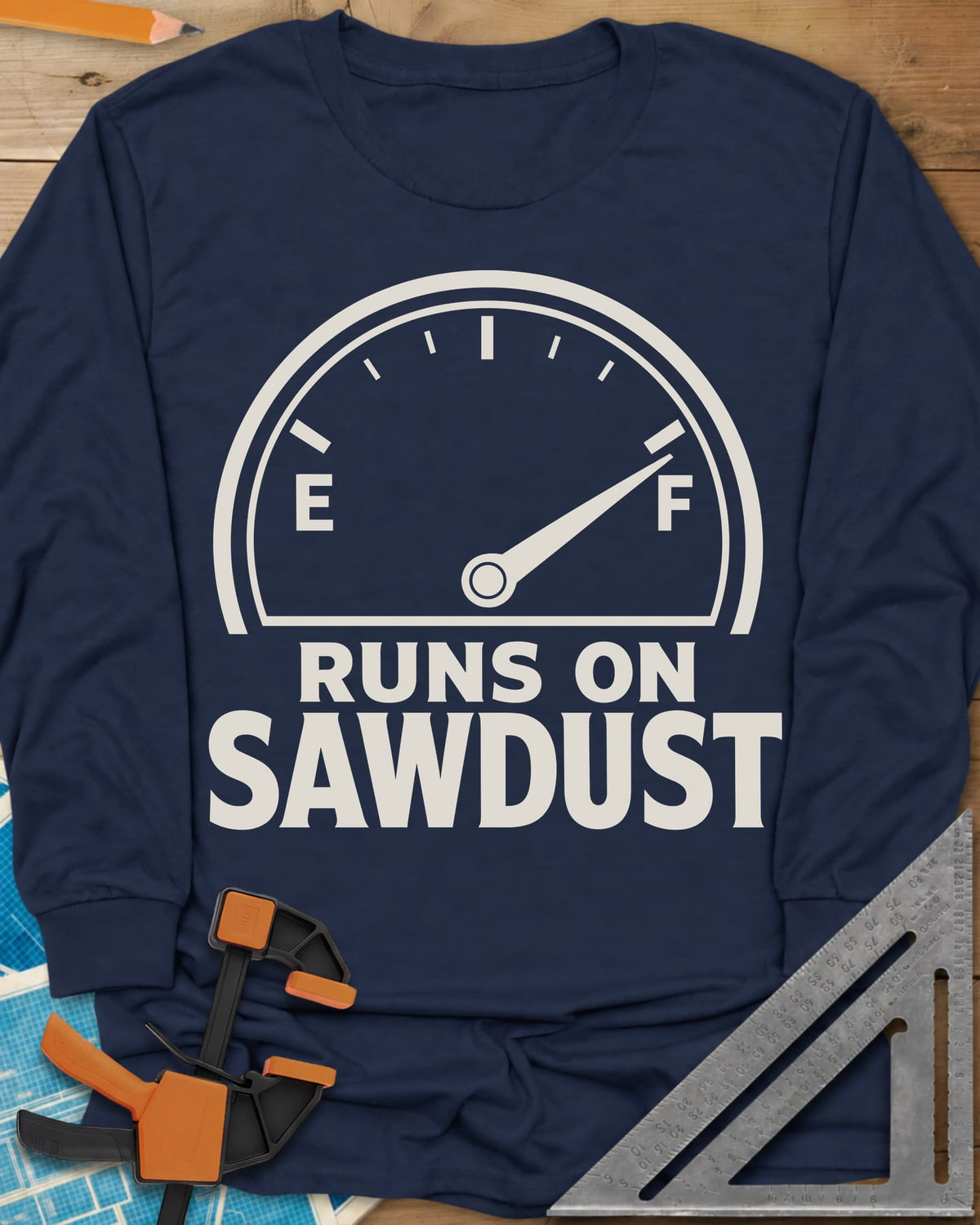 Sawdust Power long sleeve shirt in Navy, a half-round fuel gauge with the needle swung toward F