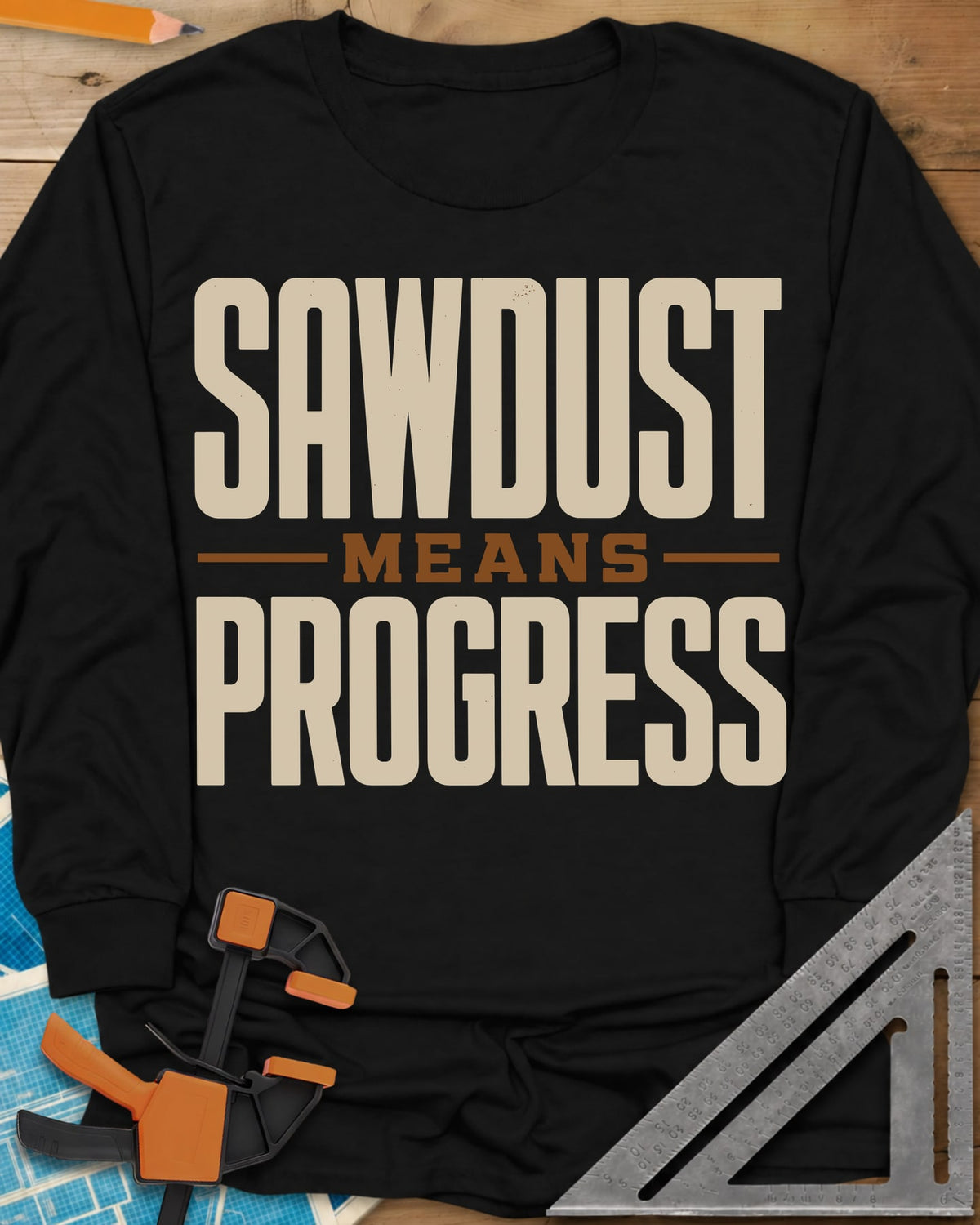 Sawdust Progress long sleeve shirt in Black, tall block letters with a small MEANS set between two rules