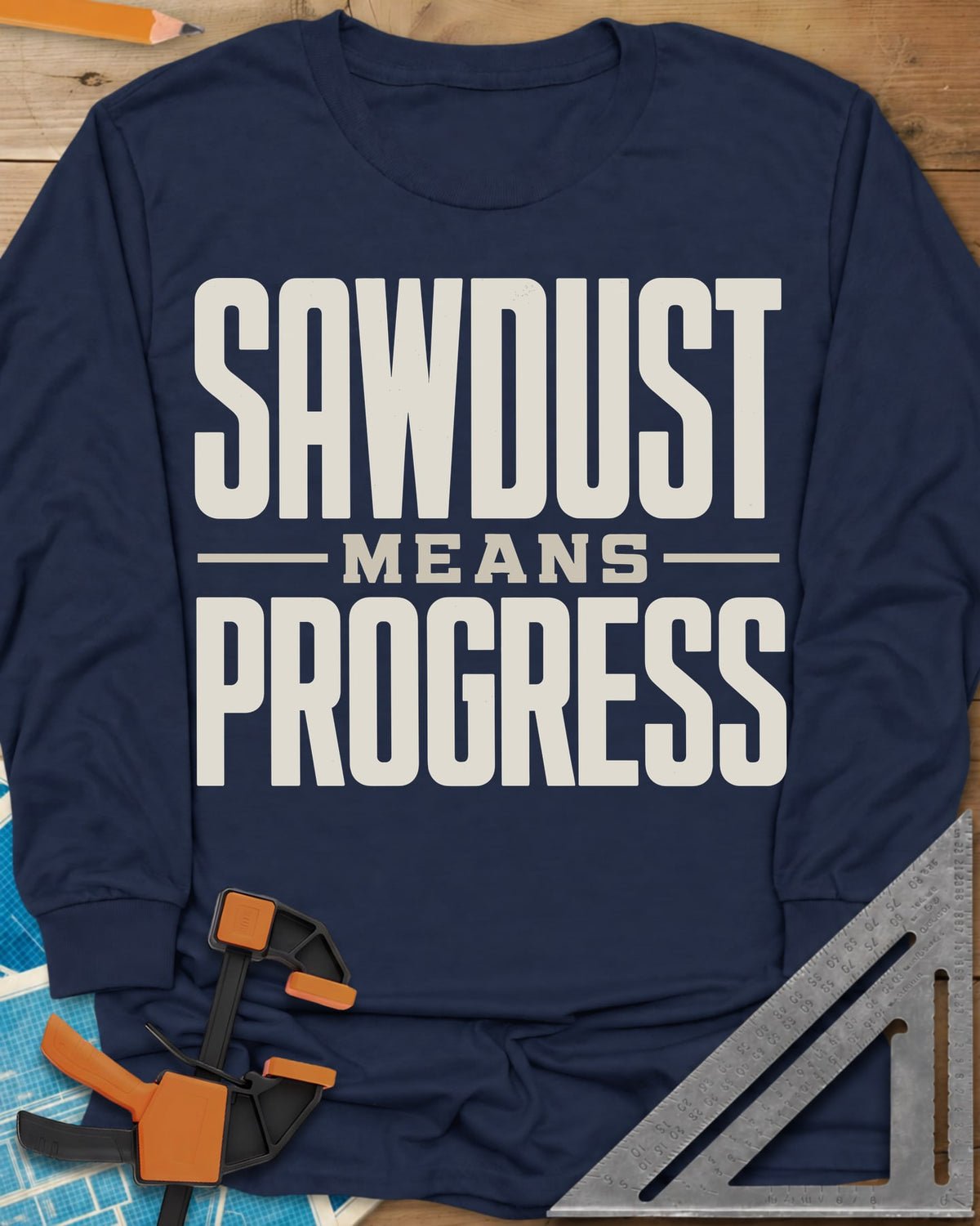 Sawdust Progress long sleeve shirt in Navy, tall block letters with a small MEANS set between two rules