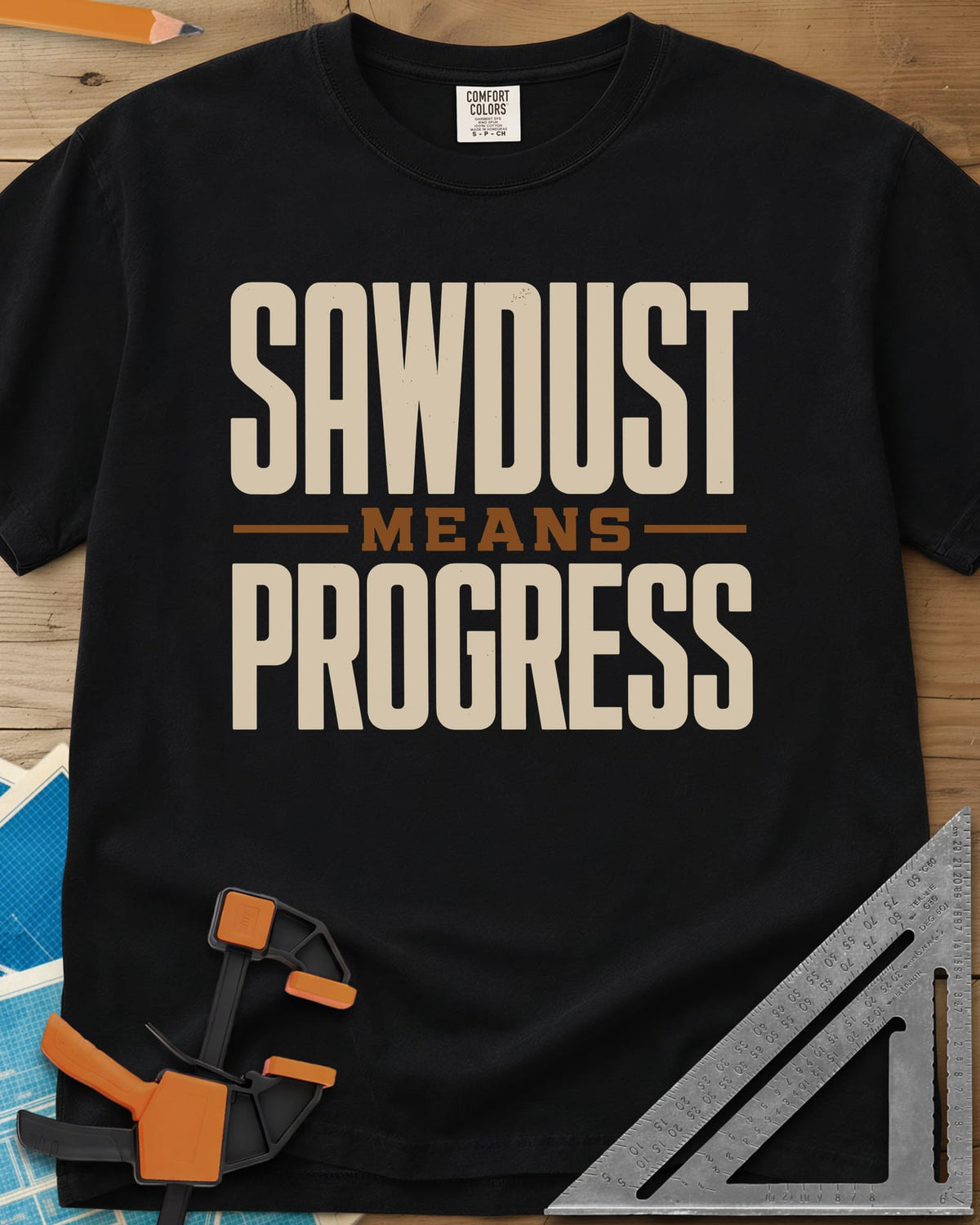 Sawdust Progress heavyweight tee in Black, tall block letters with a small MEANS set between two rules
