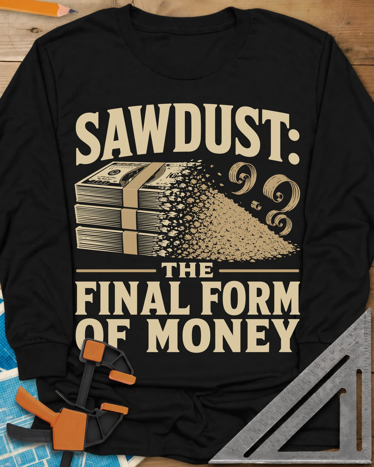 Sawdust The Final Form Of Money long sleeve shirt in Black, a stack of bills crumbling into a pile of sawdust and curls