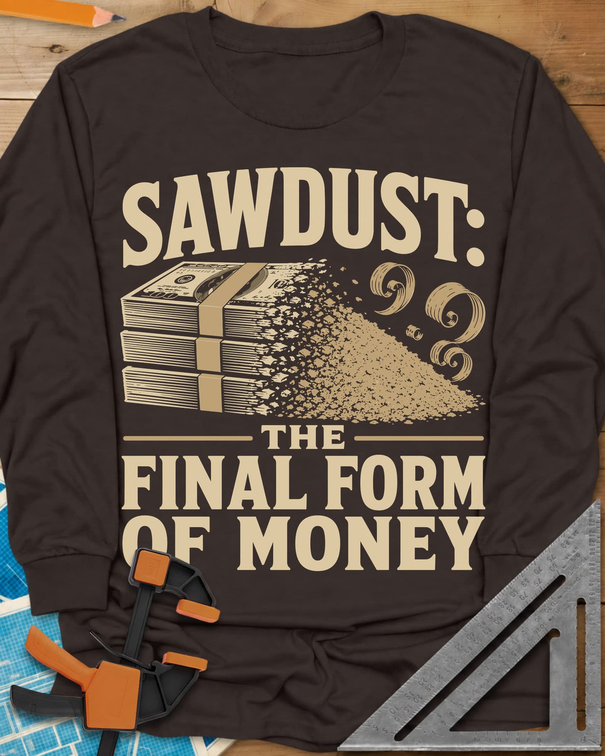 Sawdust The Final Form Of Money long sleeve shirt in Dark Chocolate, a stack of bills crumbling into a pile of sawdust and