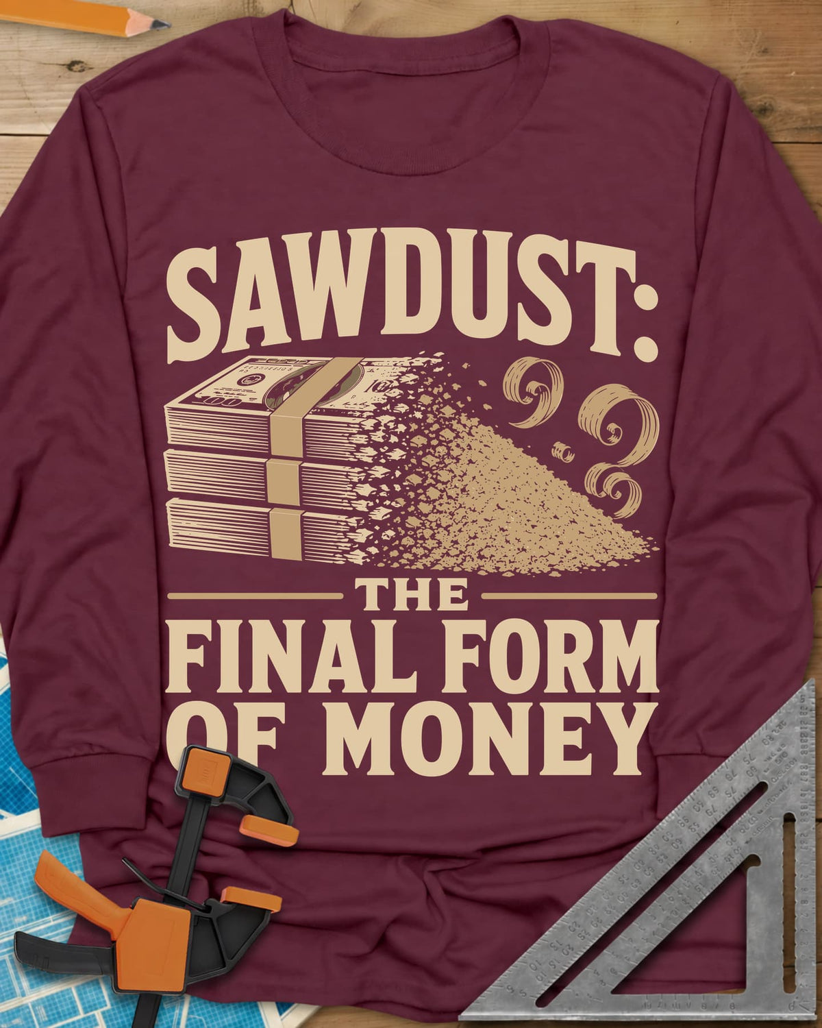 Sawdust The Final Form Of Money long sleeve shirt in Maroon, a stack of bills crumbling into a pile of sawdust and curls