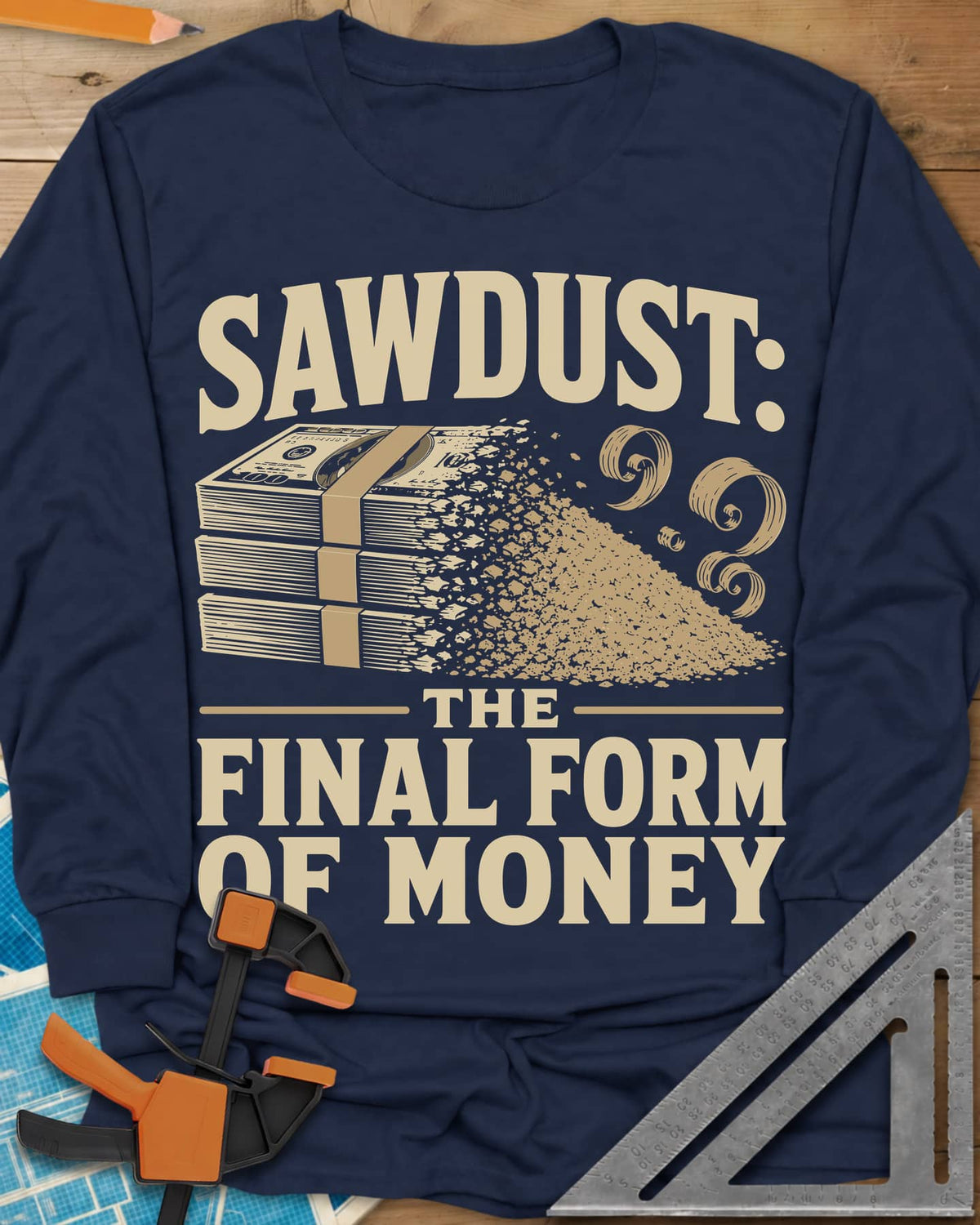Sawdust The Final Form Of Money long sleeve shirt in Navy, a stack of bills crumbling into a pile of sawdust and curls