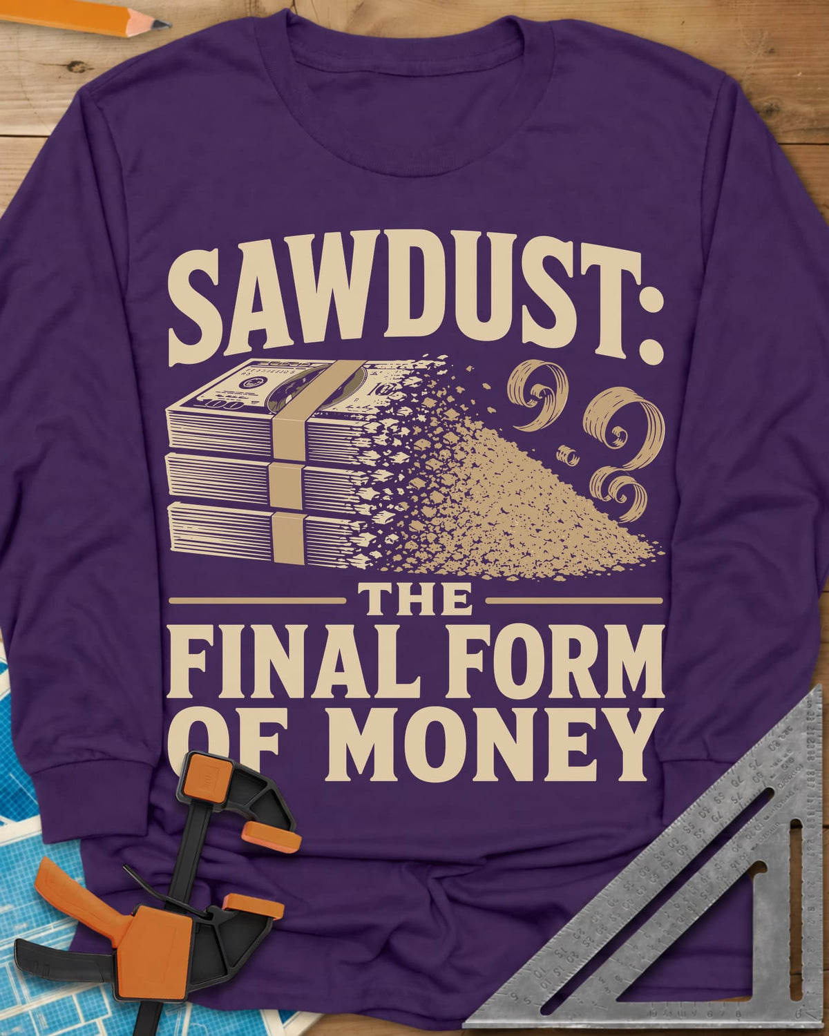 Sawdust The Final Form Of Money long sleeve shirt in Purple, a stack of bills crumbling into a pile of sawdust and curls