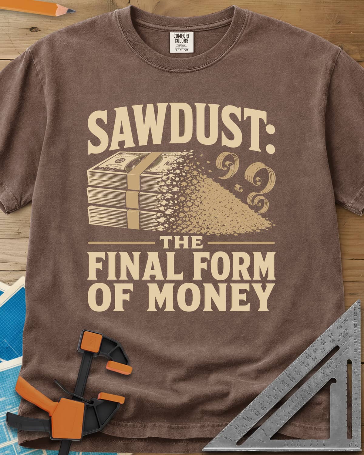 Sawdust The Final Form Of Money heavyweight tee in Espresso, a stack of bills crumbling into a pile of sawdust and curls