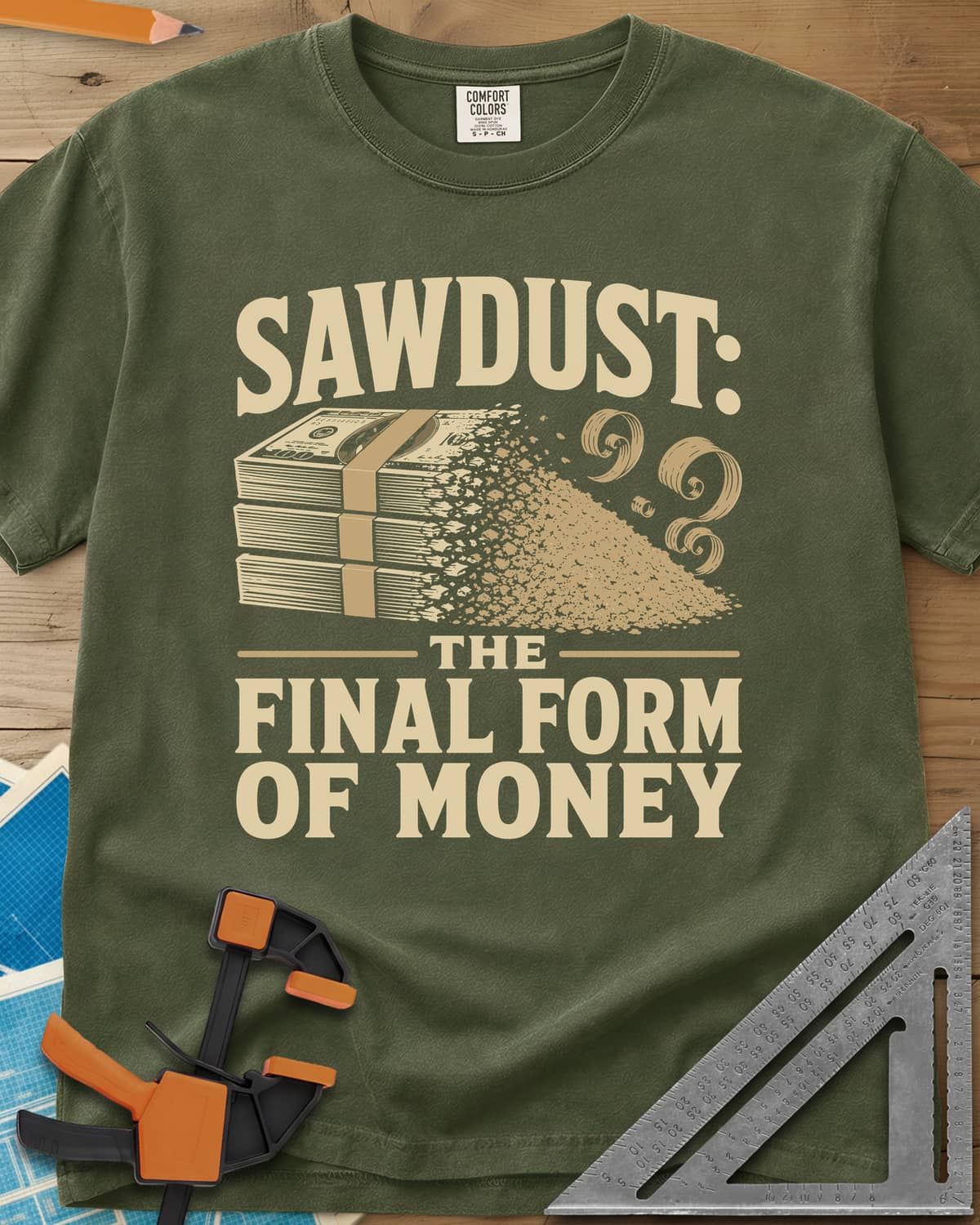 Sawdust The Final Form Of Money heavyweight tee in Hemp, a stack of bills crumbling into a pile of sawdust and curls