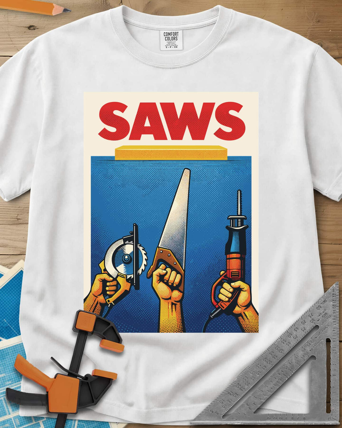 Saws Tool Pride heavyweight tee in White, three hands raising a circular saw, handsaw and reciprocating saw