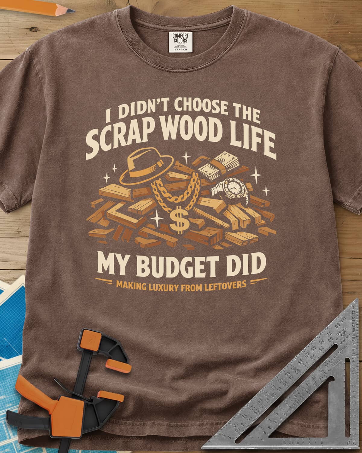 Scrap Wood Life heavyweight tee in Espresso, a scrap pile dressed up with a gold chain, hat, cash and watch