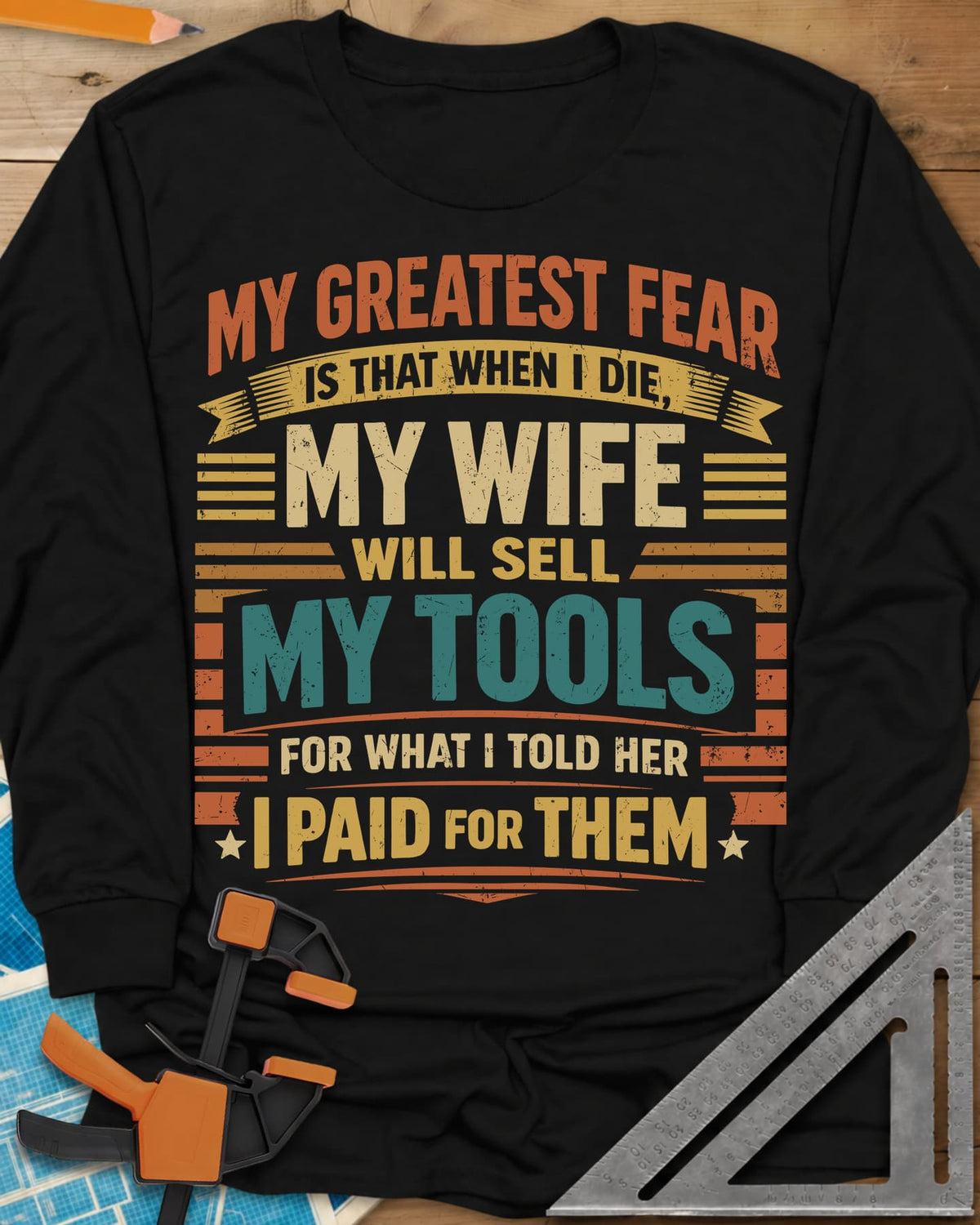 Sell My Tools long sleeve shirt in Black, stacked retro lettering with banner ribbons, stars and stripes