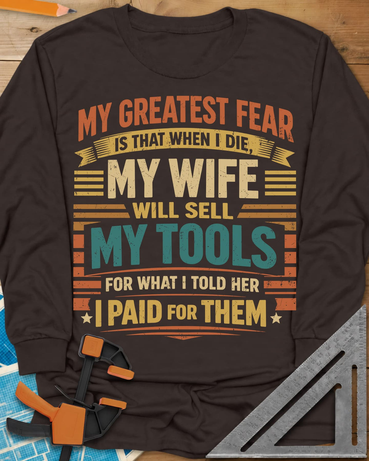 Sell My Tools long sleeve shirt in Dark Chocolate, stacked retro lettering with banner ribbons, stars and stripes