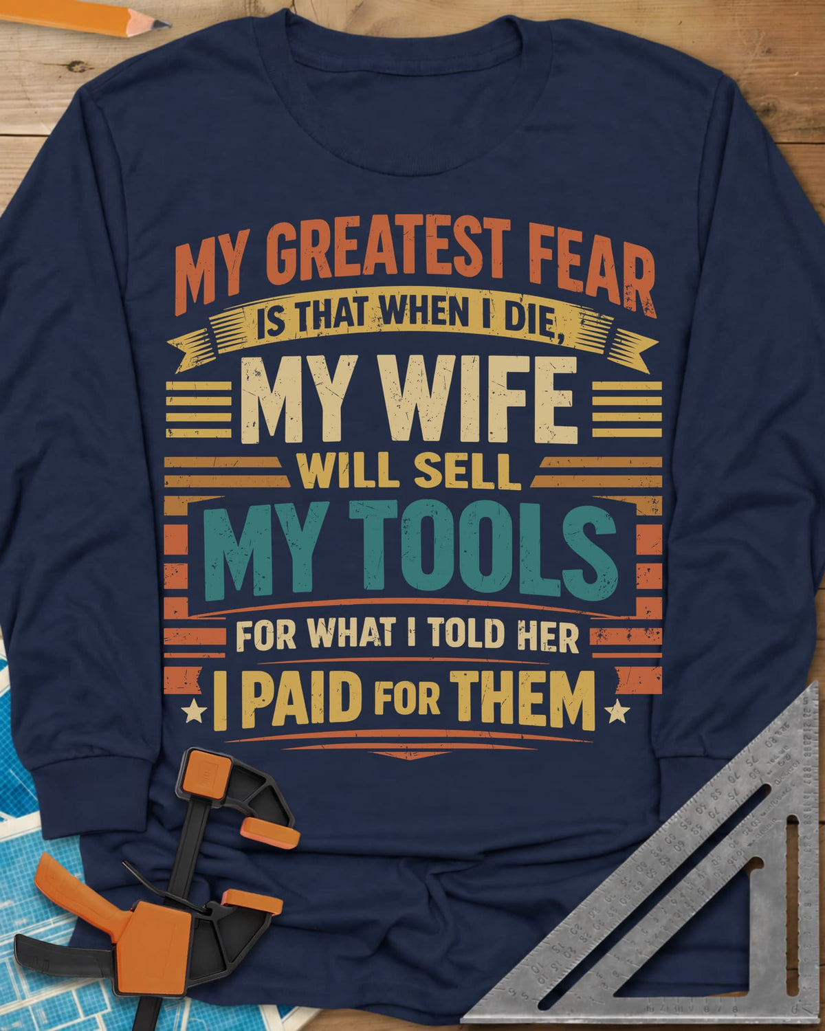 Sell My Tools long sleeve shirt in Navy, stacked retro lettering with banner ribbons, stars and stripes