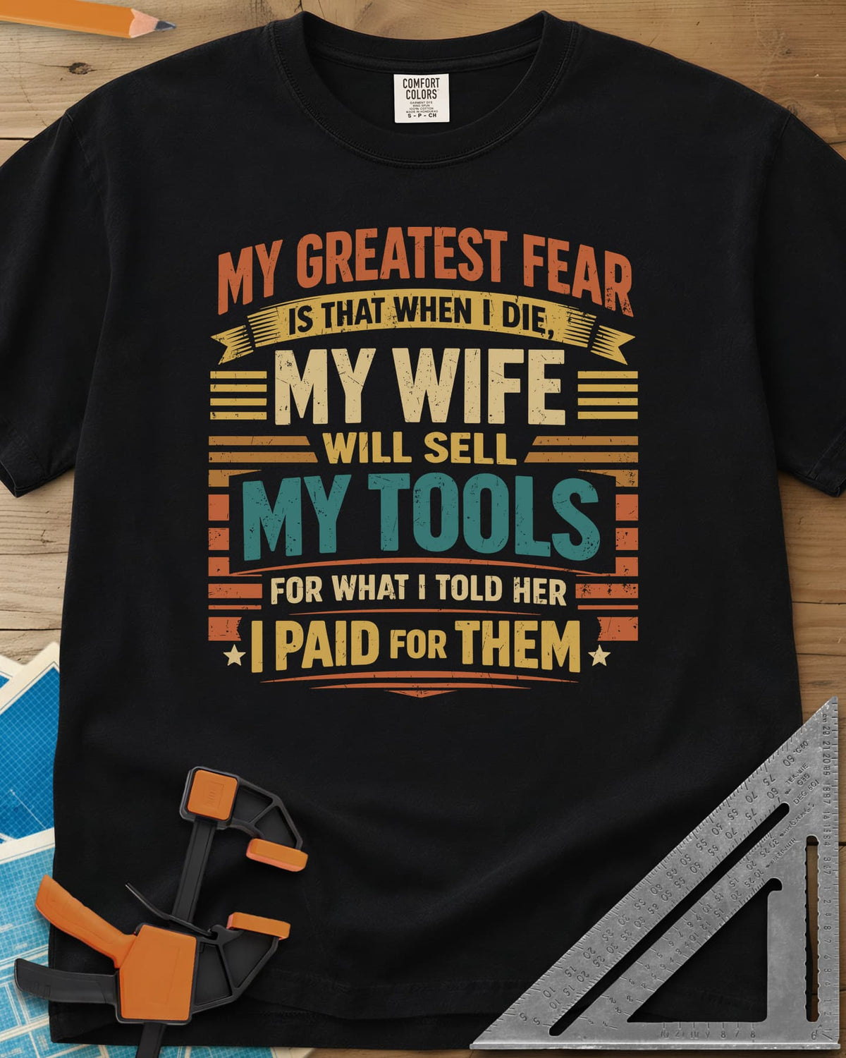 Sell My Tools heavyweight tee in Black, stacked retro lettering with banner ribbons, stars and stripes