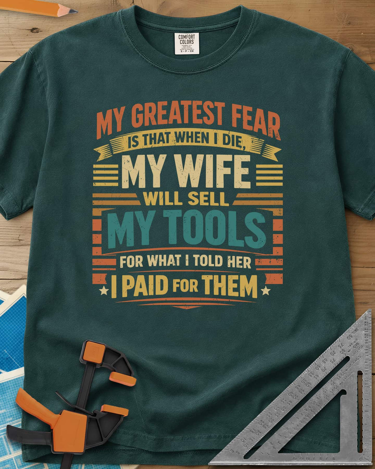 Sell My Tools heavyweight tee in Blue Spruce, stacked retro lettering with banner ribbons, stars and stripes