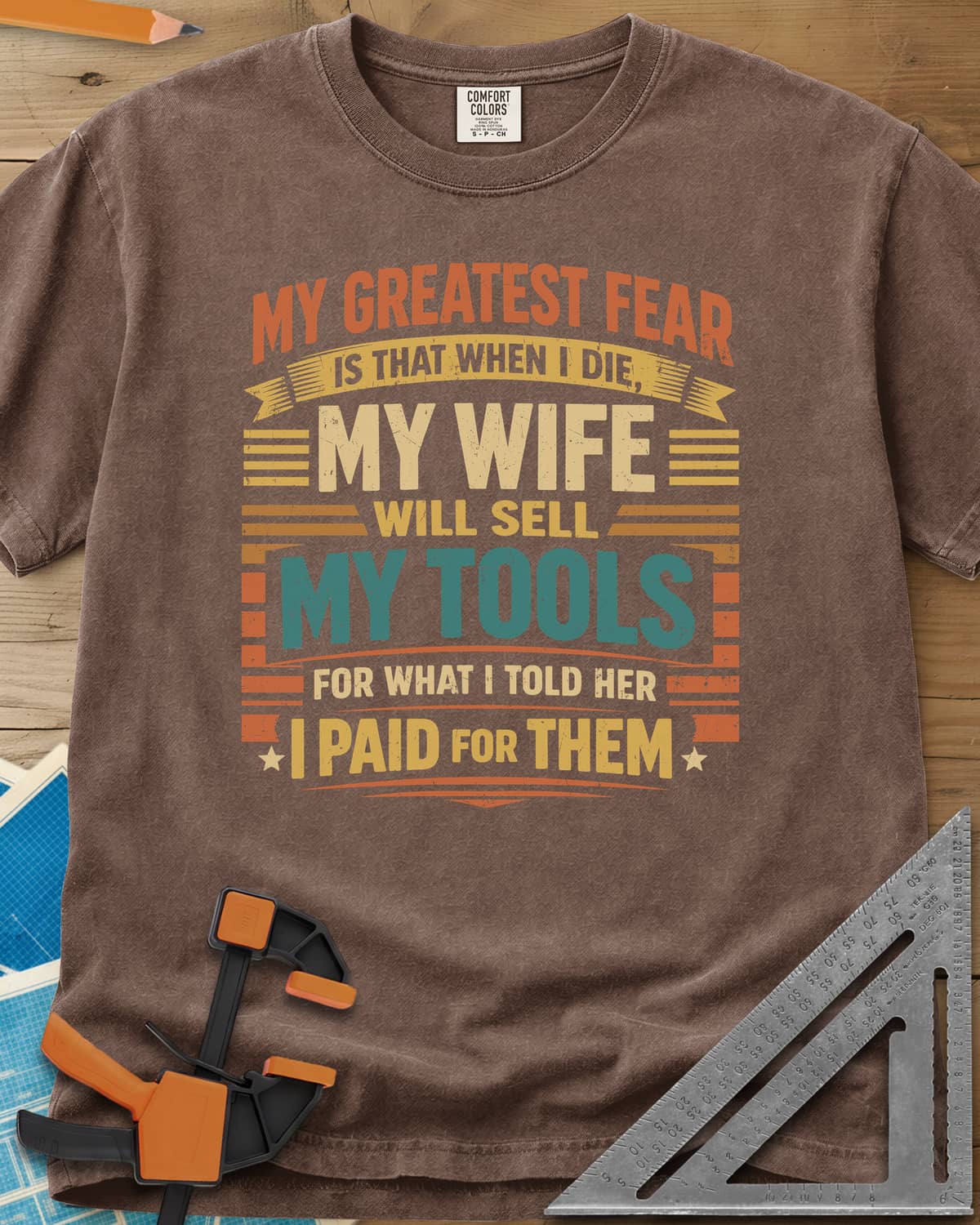 Sell My Tools heavyweight tee in Espresso, stacked retro lettering with banner ribbons, stars and stripes