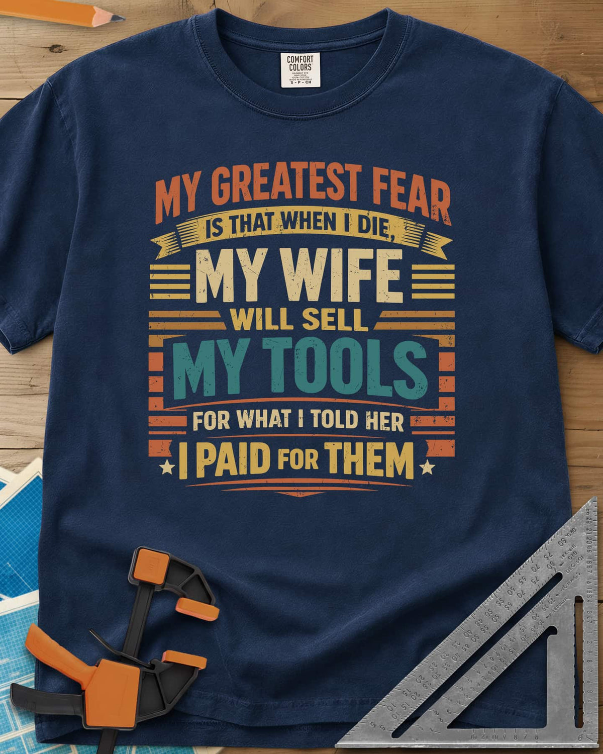 Sell My Tools heavyweight tee in Navy, stacked retro lettering with banner ribbons, stars and stripes
