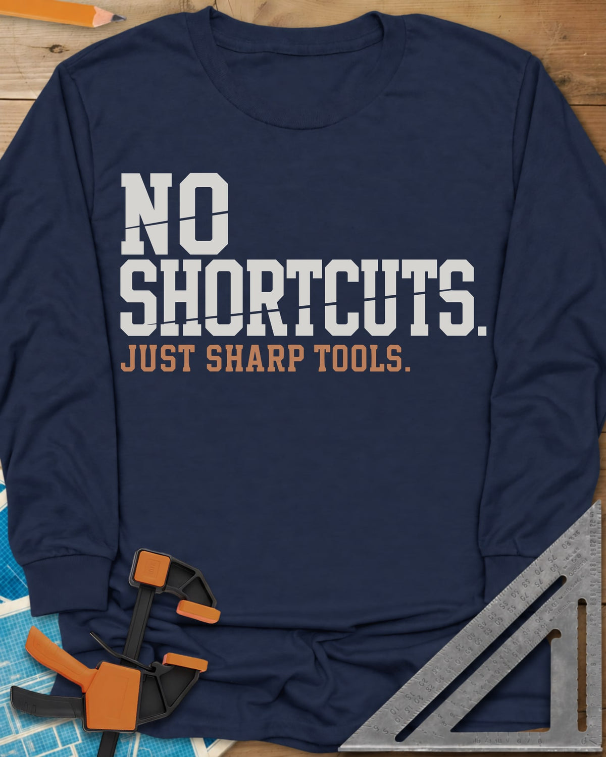 Sharp Tools long sleeve shirt in Navy, bold slab letters with a thin slice cut through them
