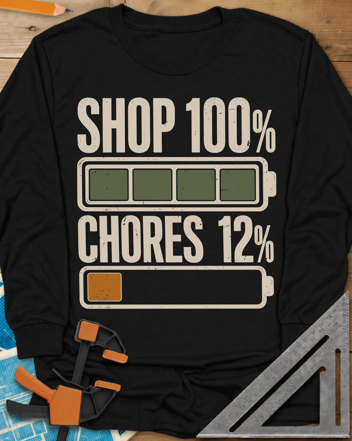 Shop 100% long sleeve shirt in Black, two battery icons, one full and one nearly empty