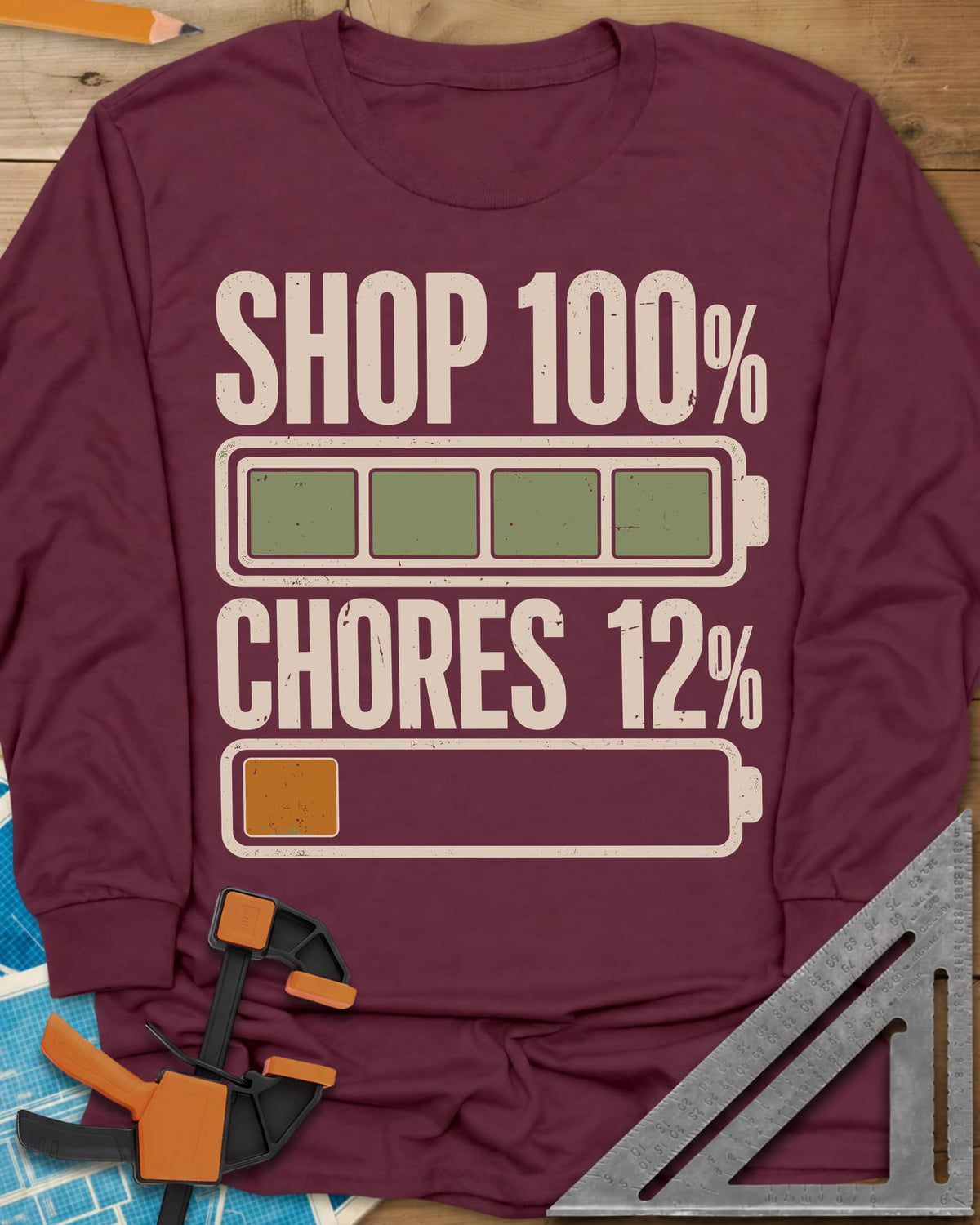 Shop 100% long sleeve shirt in Maroon, two battery icons, one full and one nearly empty