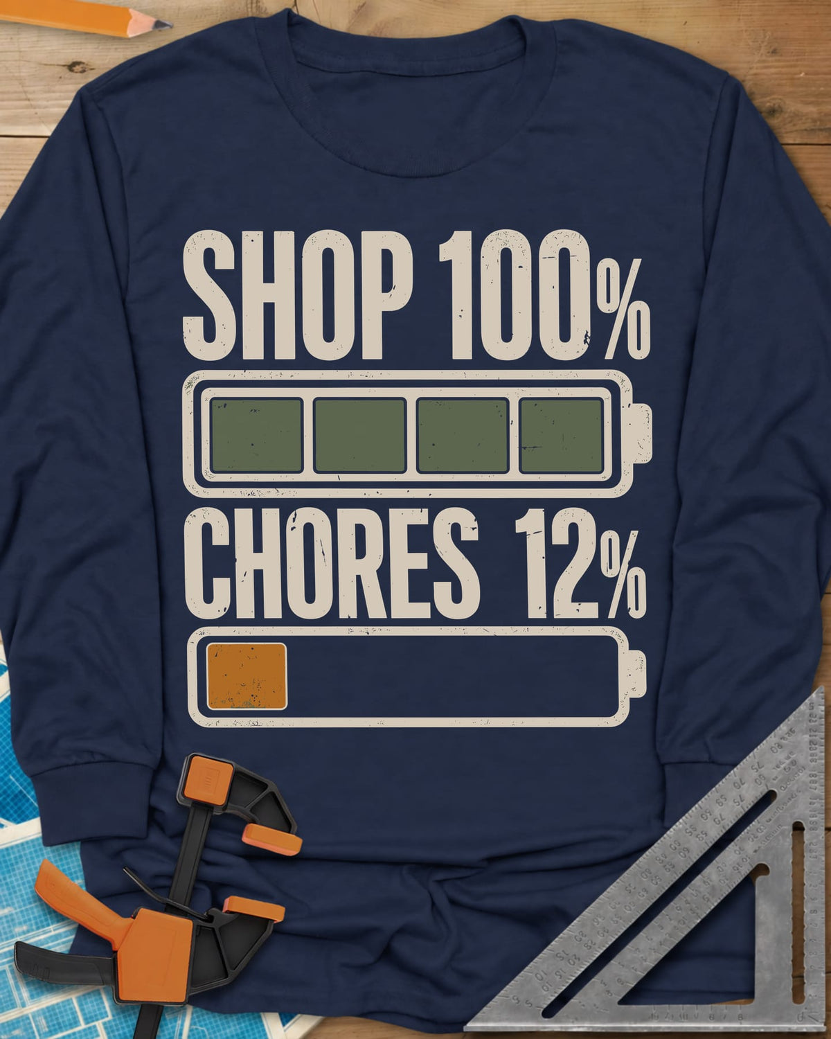 Shop 100% long sleeve shirt in Navy, two battery icons, one full and one nearly empty
