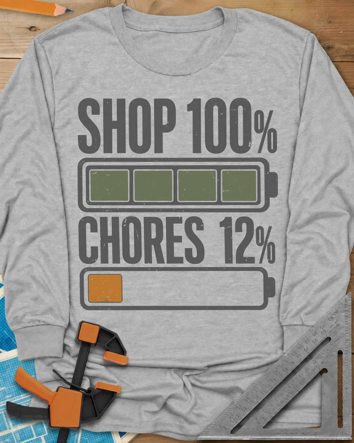 Shop 100% long sleeve shirt in Sport Grey, two battery icons, one full and one nearly empty