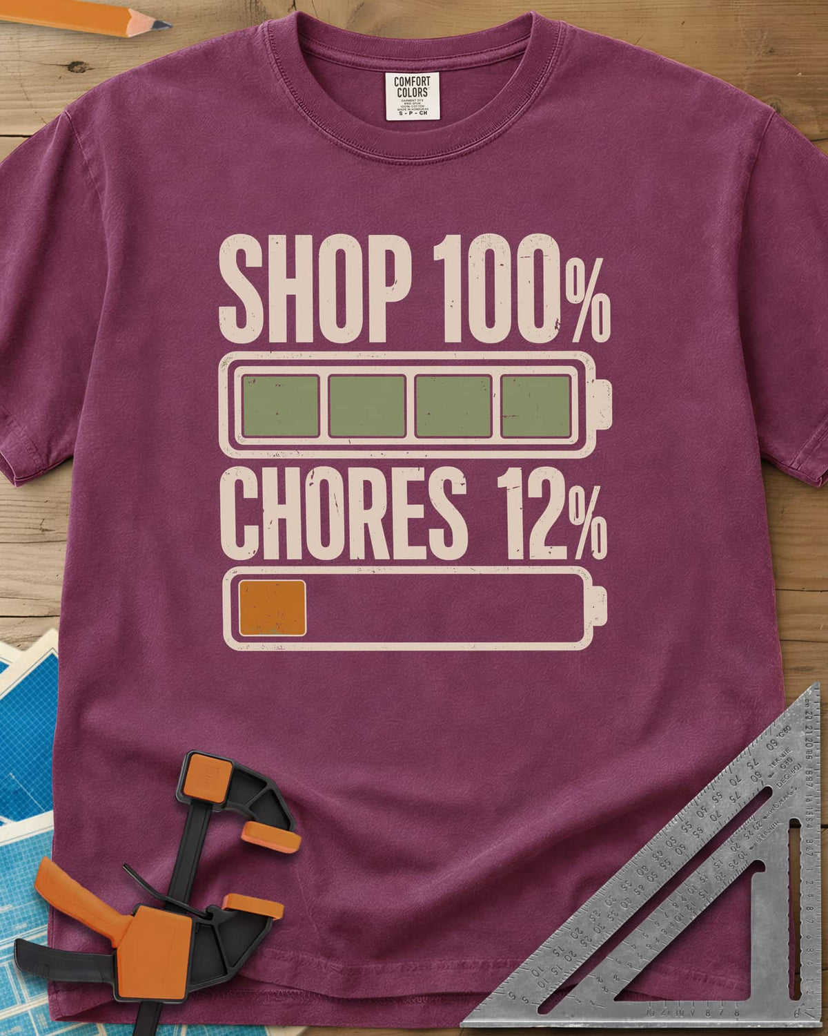 Shop 100% heavyweight tee in Berry, two battery icons, one full and one nearly empty