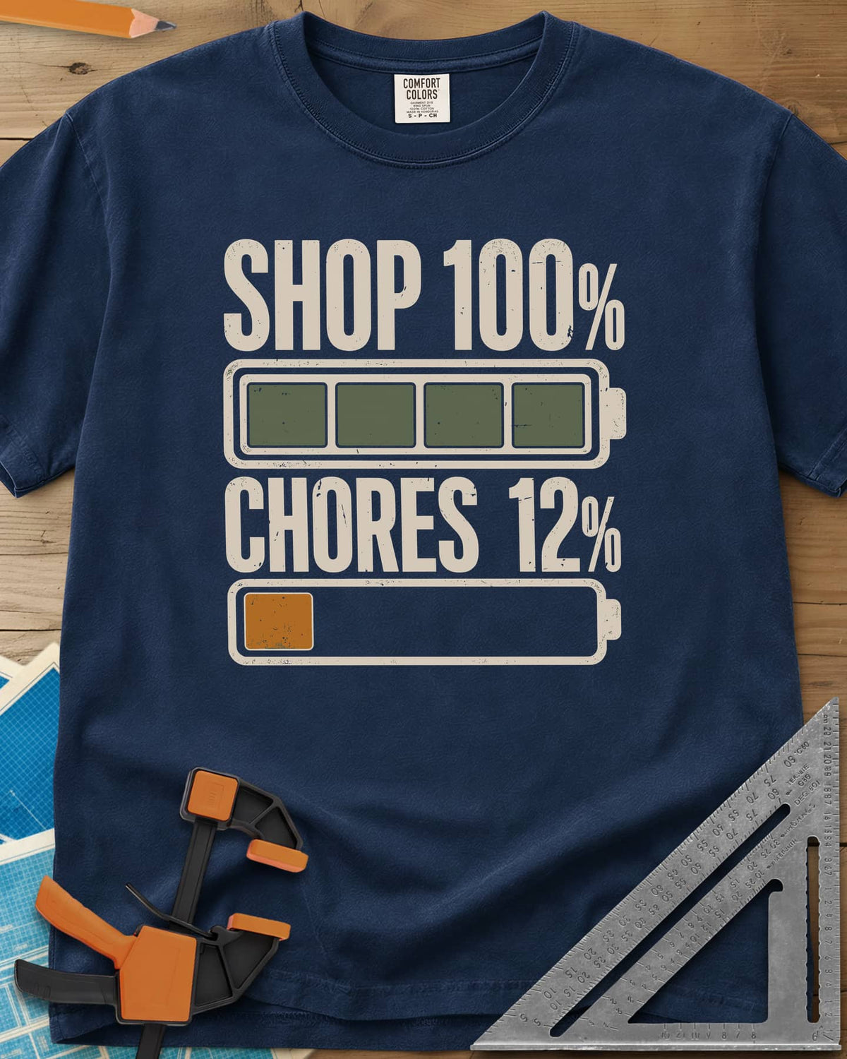 Shop 100% heavyweight tee in Navy, two battery icons, one full and one nearly empty
