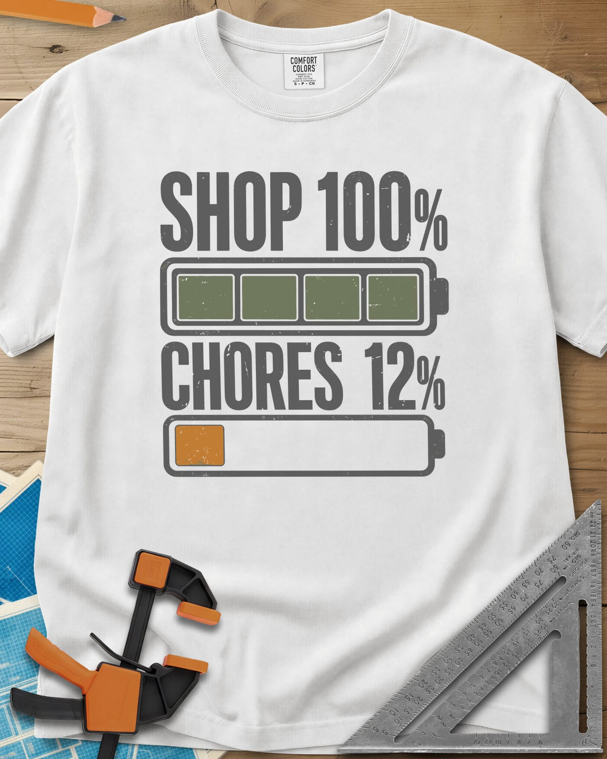 Shop 100% heavyweight tee in White, two battery icons, one full and one nearly empty