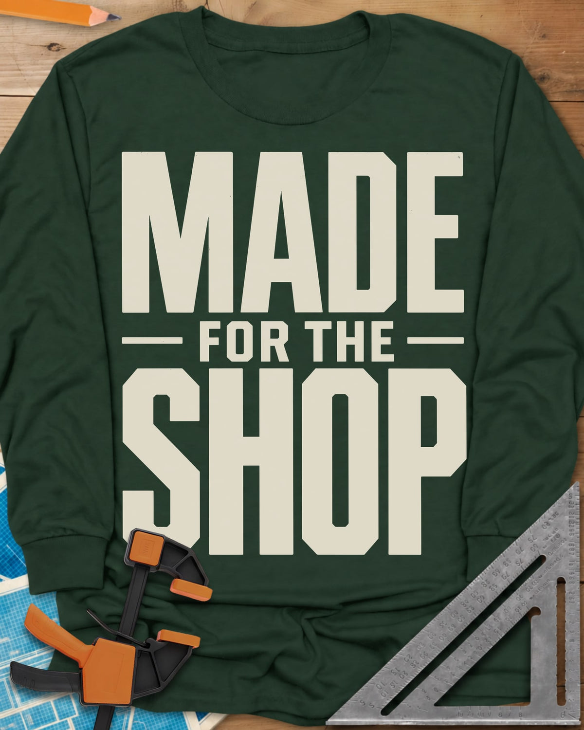Shop Crafted long sleeve shirt in Forest Green, bold block lettering with FOR THE set small between two rules