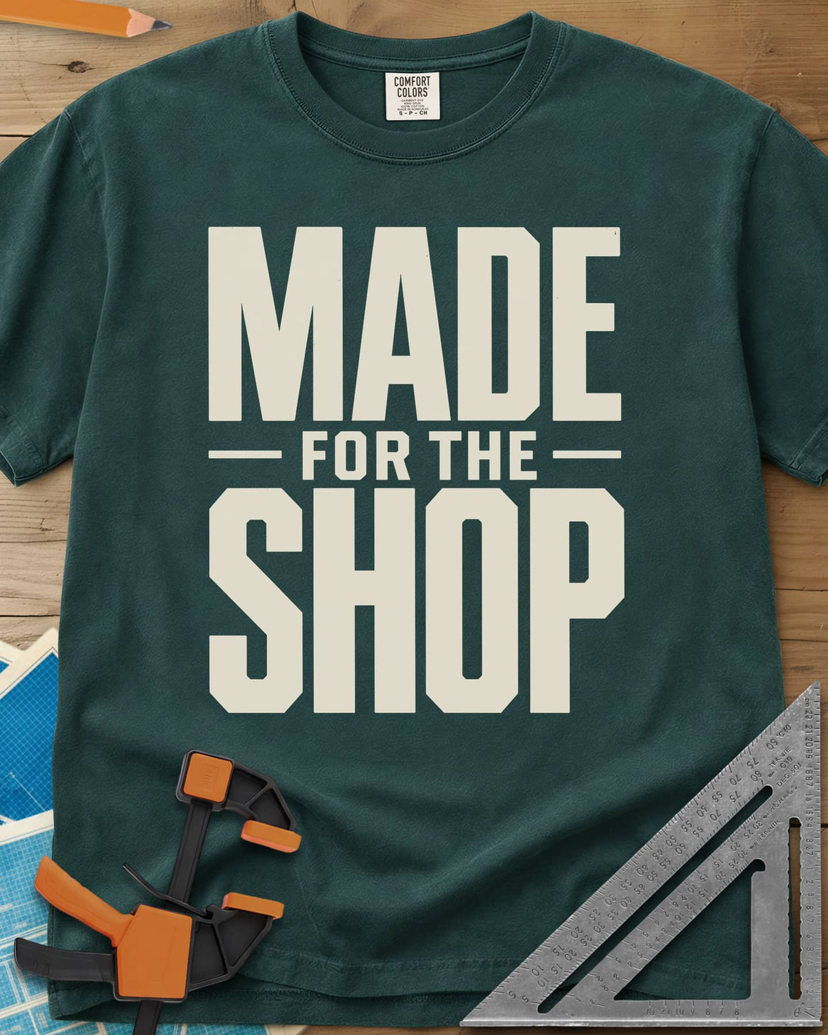 Shop Crafted heavyweight tee in Blue Spruce, bold block lettering with FOR THE set small between two rules