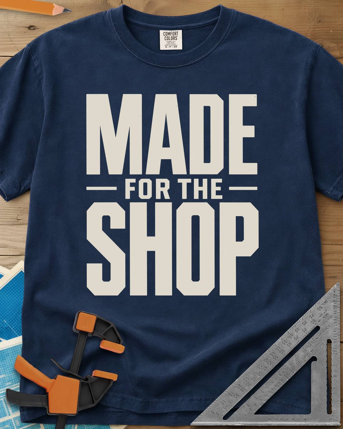 Shop Crafted heavyweight tee in Navy, bold block lettering with FOR THE set small between two rules