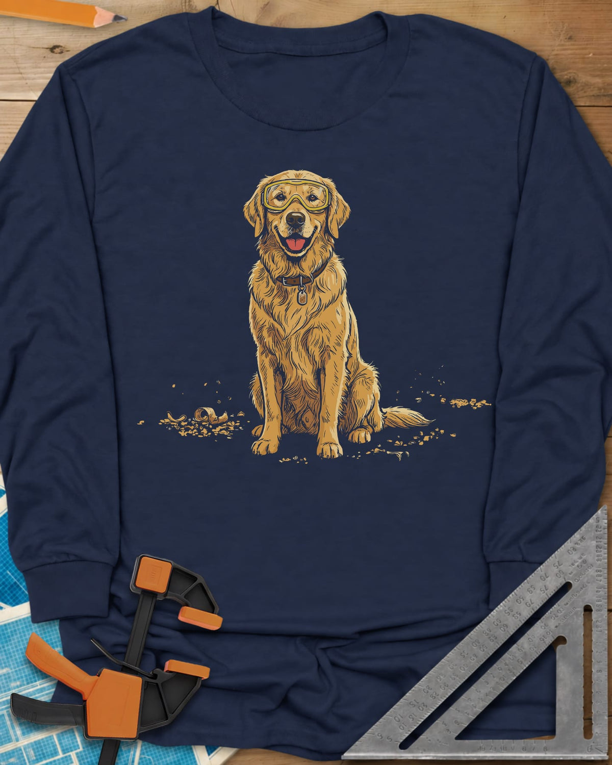 Shop Dog Safety First long sleeve shirt in Navy, a golden retriever in safety goggles sitting in wood shavings