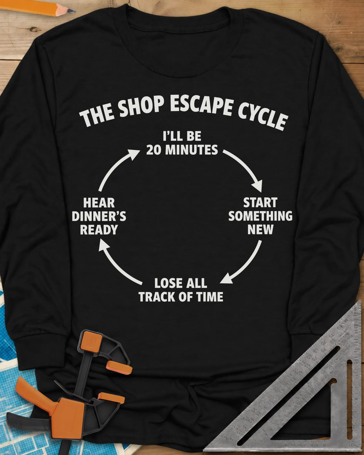 Shop Escape Cycle long sleeve shirt in Black, a four-step loop diagram joined by arrows