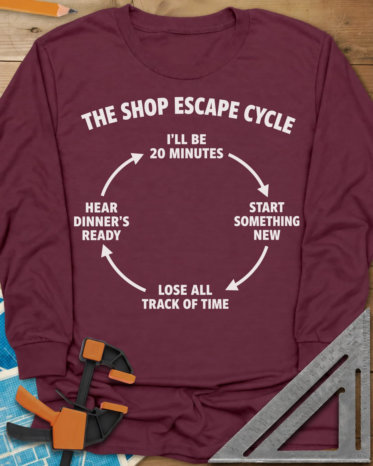 Shop Escape Cycle long sleeve shirt in Maroon, a four-step loop diagram joined by arrows