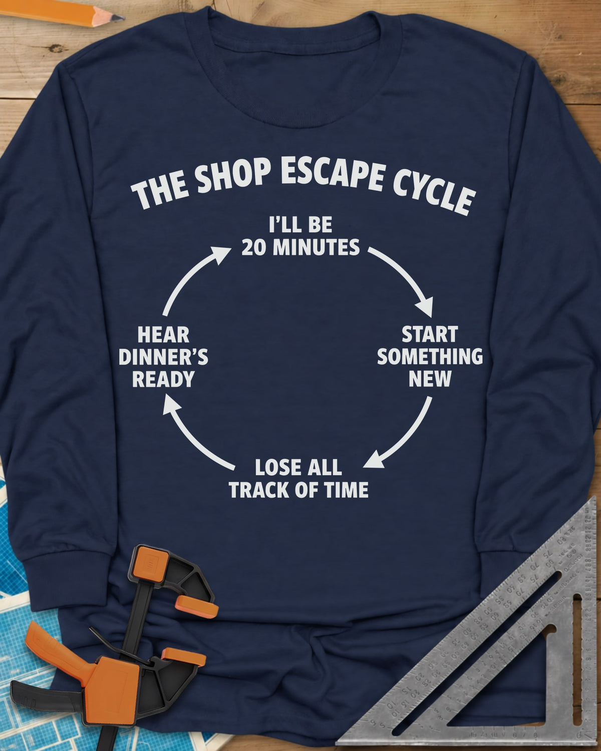 Shop Escape Cycle long sleeve shirt in Navy, a four-step loop diagram joined by arrows