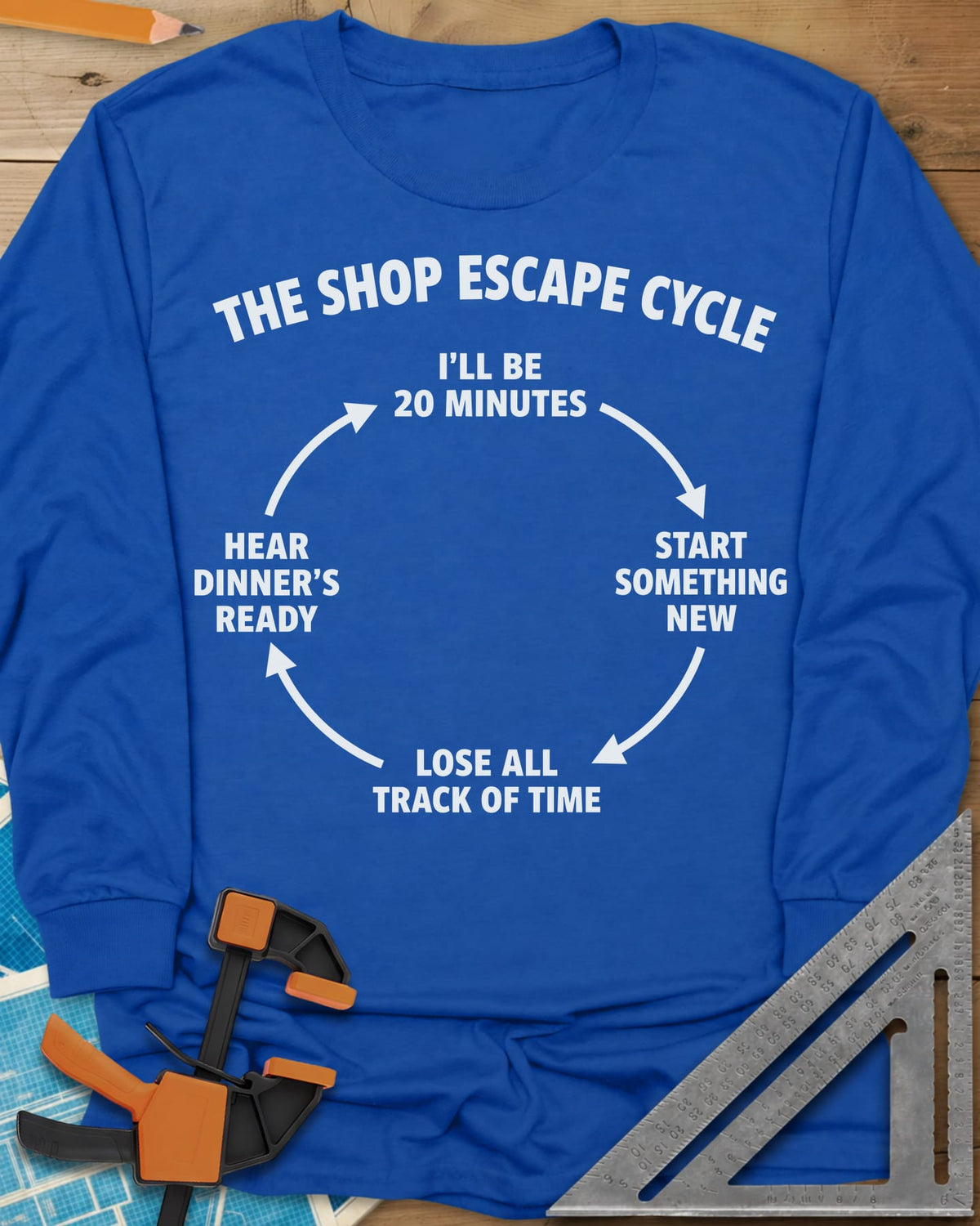 Shop Escape Cycle long sleeve shirt in Royal, a four-step loop diagram joined by arrows