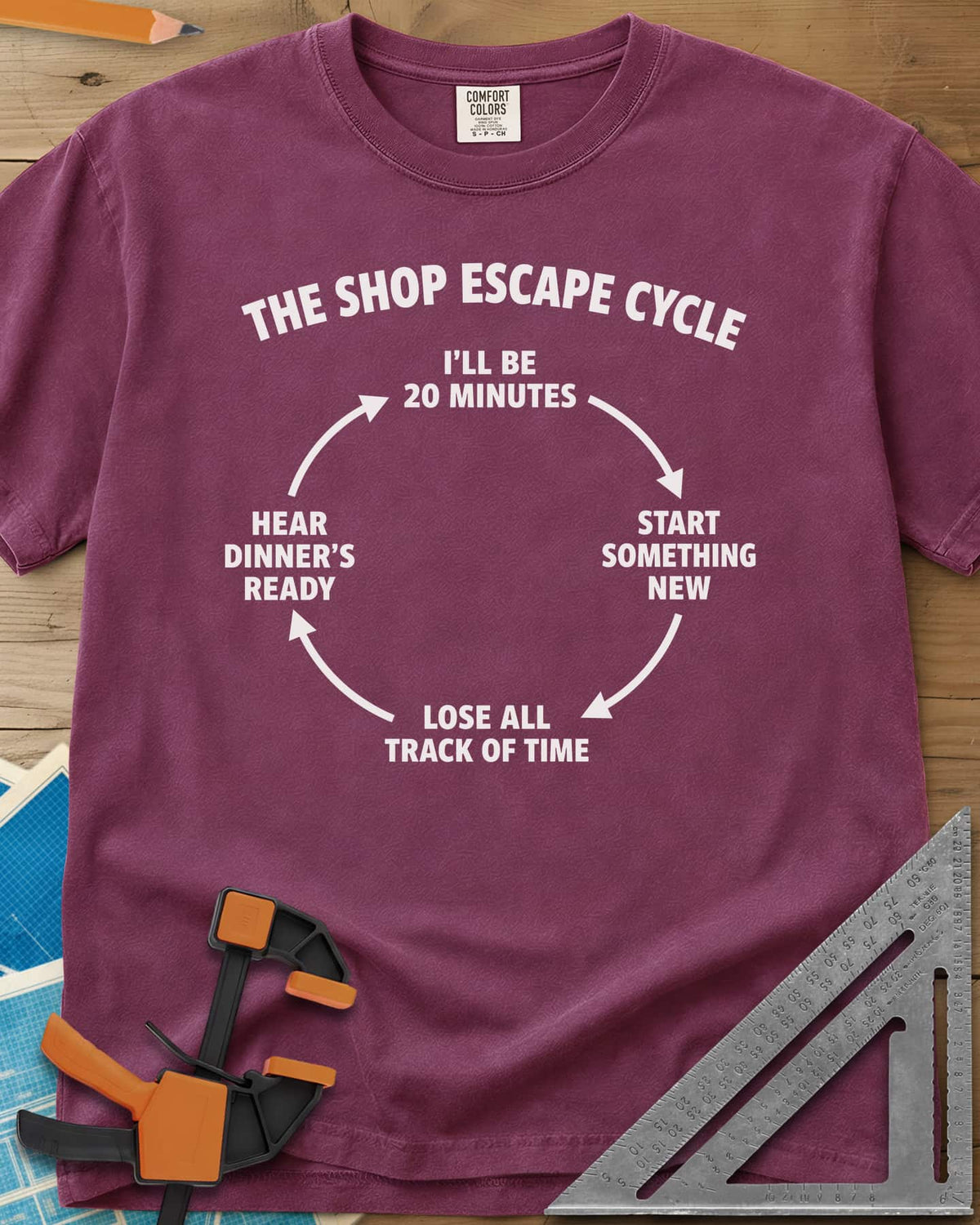 Shop Escape Cycle heavyweight tee in Berry, a four-step loop diagram joined by arrows