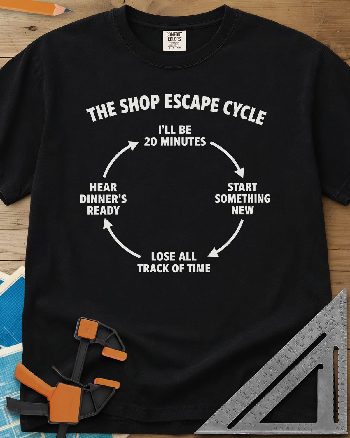 Shop Escape Cycle heavyweight tee in Black, a four-step loop diagram joined by arrows