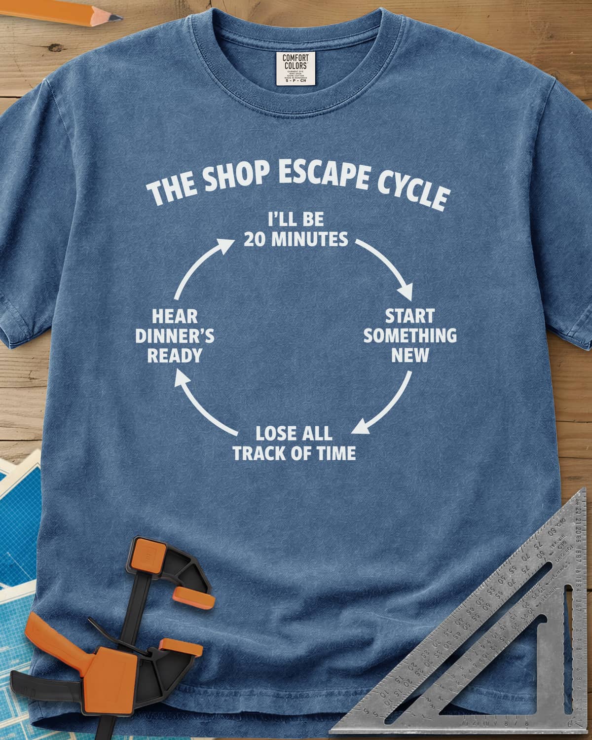 Shop Escape Cycle heavyweight tee in Blue Jean, a four-step loop diagram joined by arrows