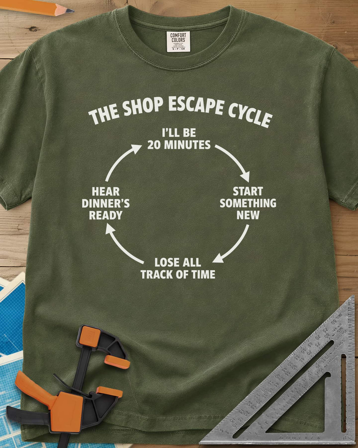Shop Escape Cycle heavyweight tee in Hemp, a four-step loop diagram joined by arrows