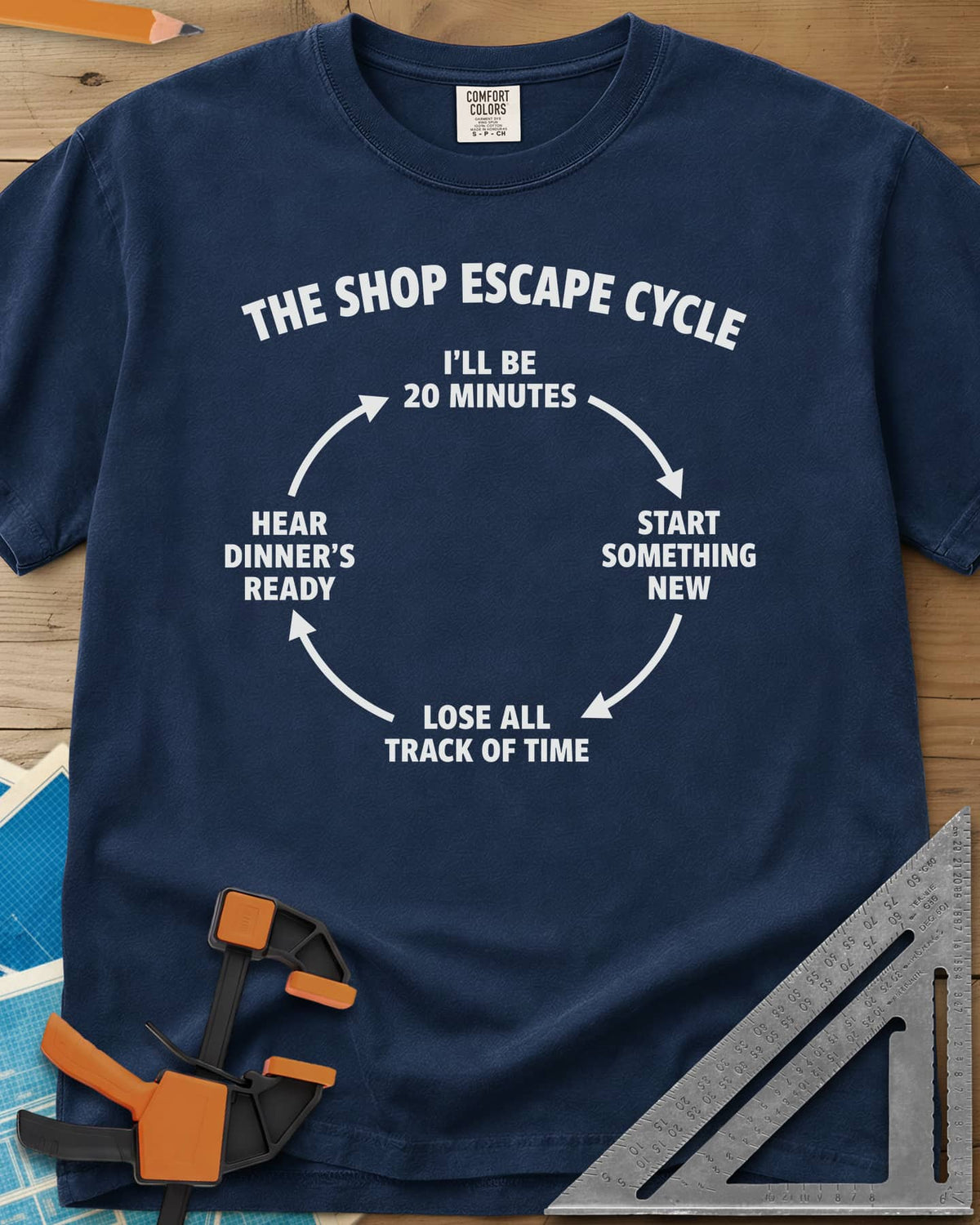 Shop Escape Cycle heavyweight tee in Navy, a four-step loop diagram joined by arrows