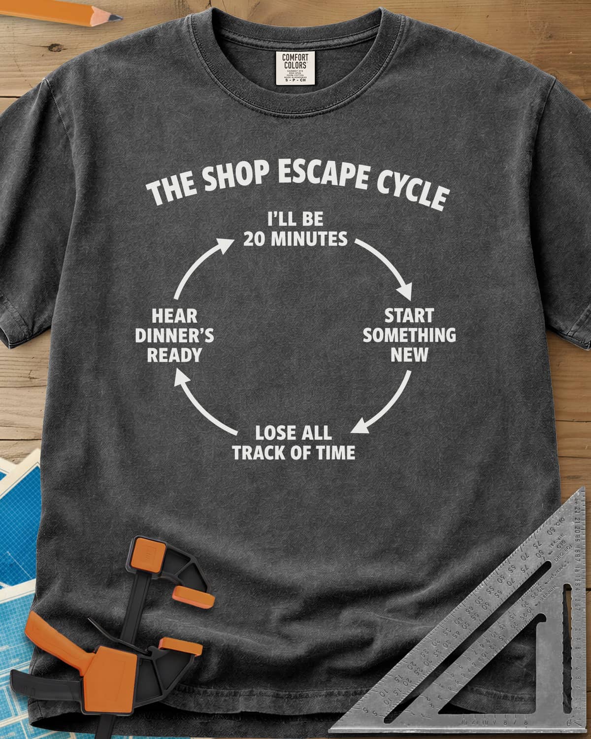 Shop Escape Cycle heavyweight tee in Pepper, a four-step loop diagram joined by arrows
