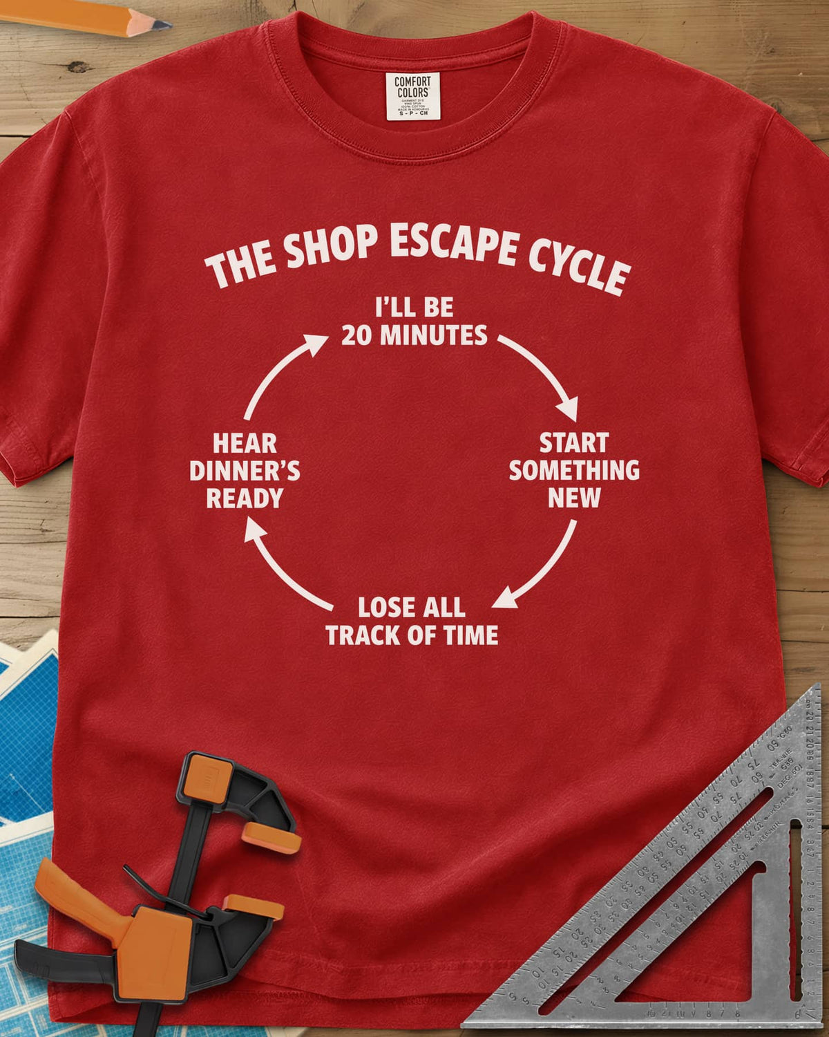 Shop Escape Cycle heavyweight tee in Red, a four-step loop diagram joined by arrows
